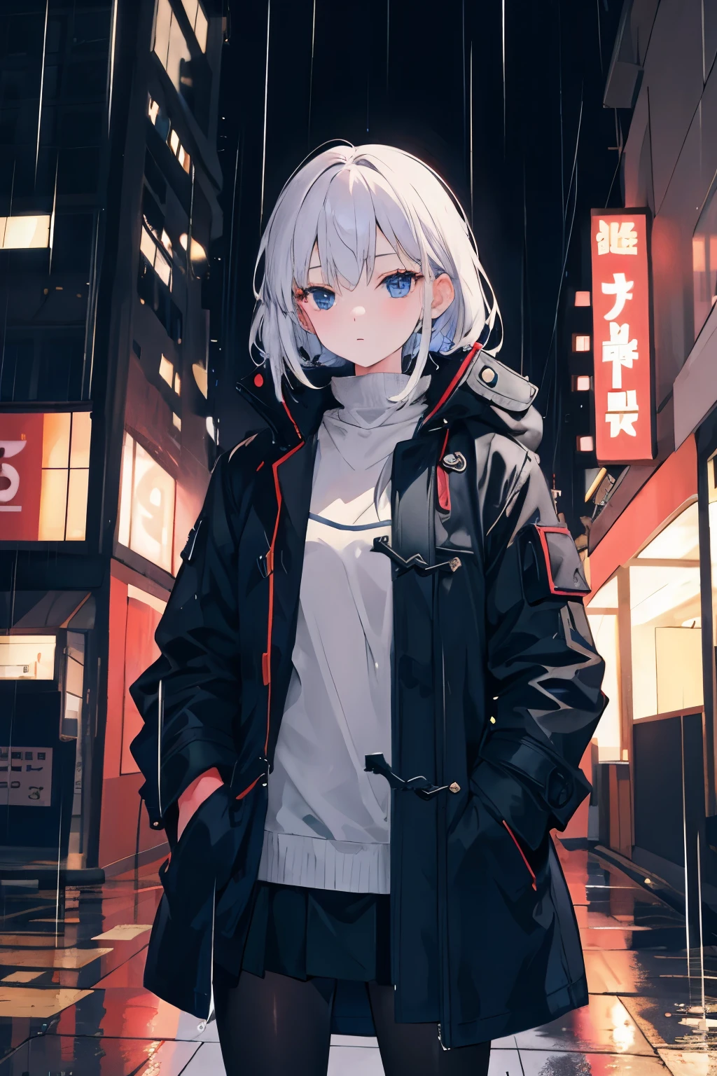 1girl,night city,rain,coat,hands in pockets