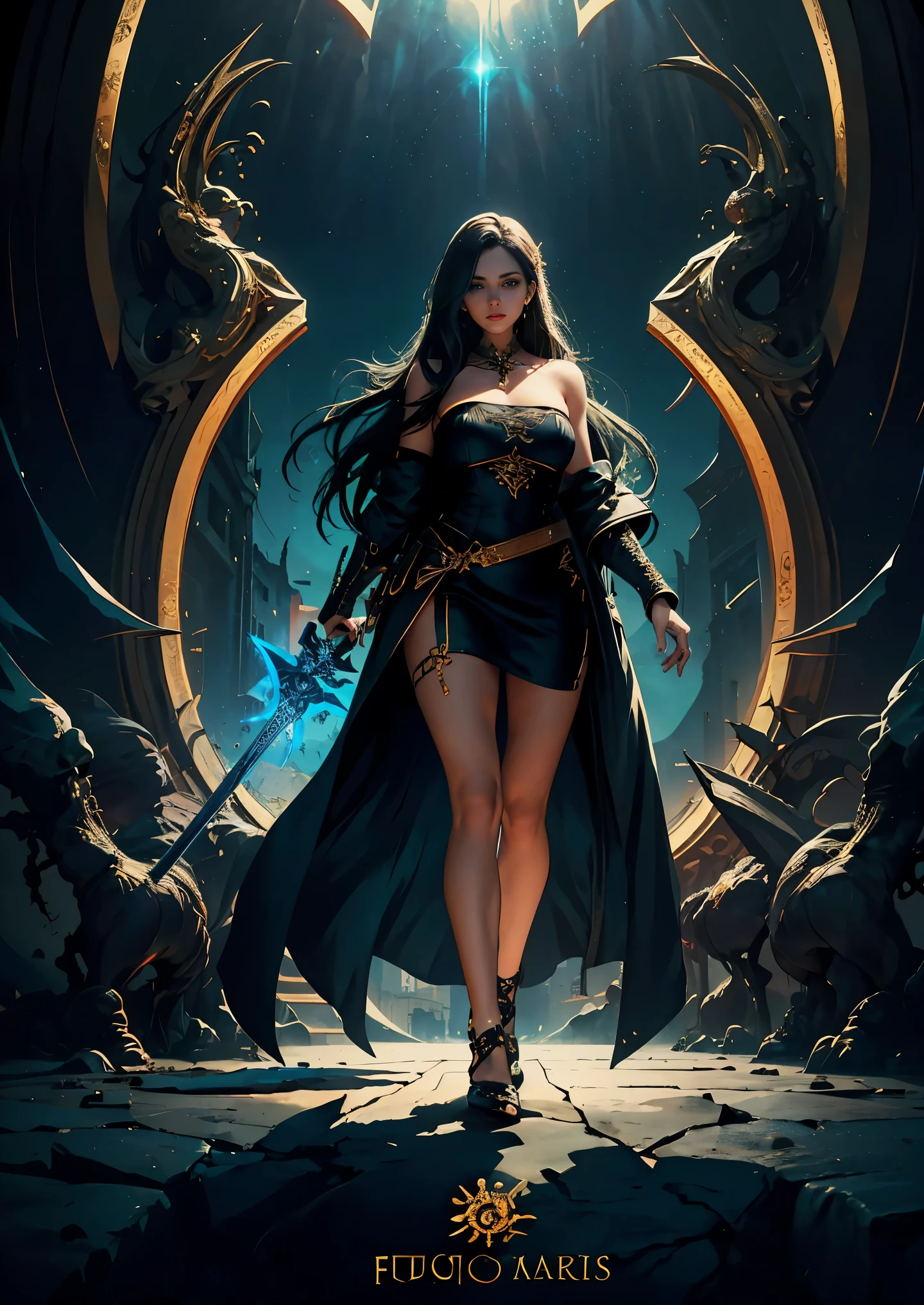 1girll, blue eyes,Red long-haired,large breasts,Convex buttocks,Bare legged,black heels,White bandeau dress decorated with gold patterns,she wears a black trench coat,There is a rune marke sword in her hand,starrysky,kosmos,Detailed background,Clothing details,perfectly proportioned, Cinematic lighting, filmgrain, Fuji colors, lightand shade contrast, 8K, masterpiece, Textured skin, Super detail, high detal, high qulity, A high resolution,