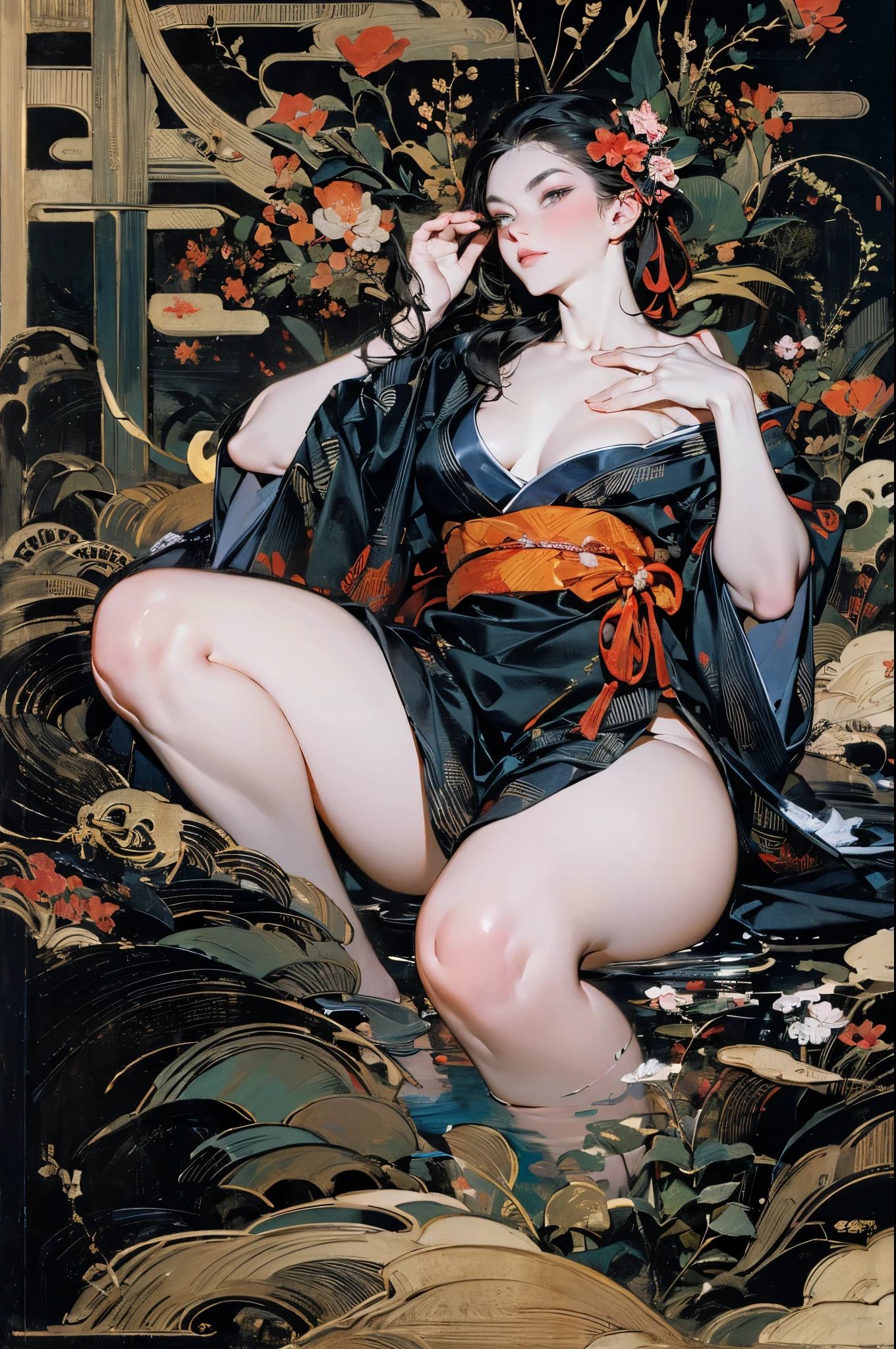 Umalinda warrior sexy, pretty face, Delicious Company, Alluring figure, Wearing a sexy open kimono. The artwork is created in a medium reminiscent of Japanese ink paintings....., 具有大胆的笔触和Monochromatic color palette. artist&#39;Masterful technique reveals the intensity and power of the image&#39;sense of presence，with the highest quality, Perfectly capture every detail with ultra-high resolution. Textures and intricate patterns on kimonos are rendered with extreme precision. Lighting is carefully designed，Enhance drama, Features deep shadows and subtle highlights. General, The artwork exudes elegance and power, Combining traditional Japanese aesthetics with a modern feel. Monochromatic color palette, Combine details, Create captivating and immersive experiences for your audience.