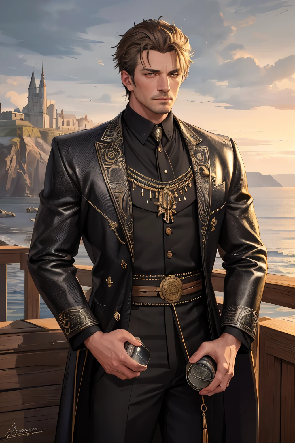 Hyper-realistic and captivating image of a man, jauntily holding an exaggerated tin of high-quality, black oil product. The shiny metallic surface of the tin reflects the surrounding environment, showcasing the detailed textures and intricacies of the man's wrinkled, weathered hands. The man's expression is determined and confident, his eyes focused on the horizon. The background is a serene, tranquil sea, with sun rays peeking through the clouds, casting a golden glow on the scene. The image is rendered in hyper-realistic, ultra-high definition, with every detail meticulously captured and every shade and hue expertly rendered. The oil product