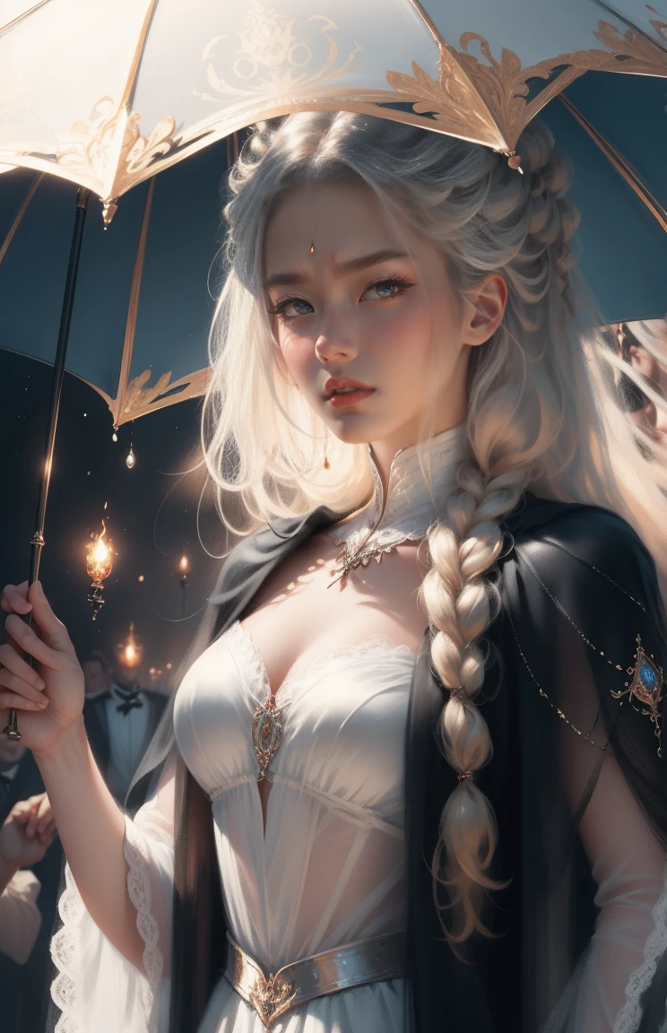 { - anatomy error}(Masterpiece - Ultra-detailed, very high resolution) Prepare to be enchanted by a true masterpiece that combines ultra-detailed art with high-resolution rendering. This work depicts a mesmerizing woman with very long blond hair (1.3) and captivating gray eyes (1.2), emanating an aura of elegance and mystery in Victorian settings. The intricate details and realistic textures invite you to explore every aspect of this enchanting composition. Woman wearing beautiful classic Victorian costume from the year 1878. Red lips. Happy face. Smiling. Delicate smile. white (white) dress. on the sun with umbrella, dynamic poses. Get ready to dive into a world where beauty and craftsmanship merge perfectly.