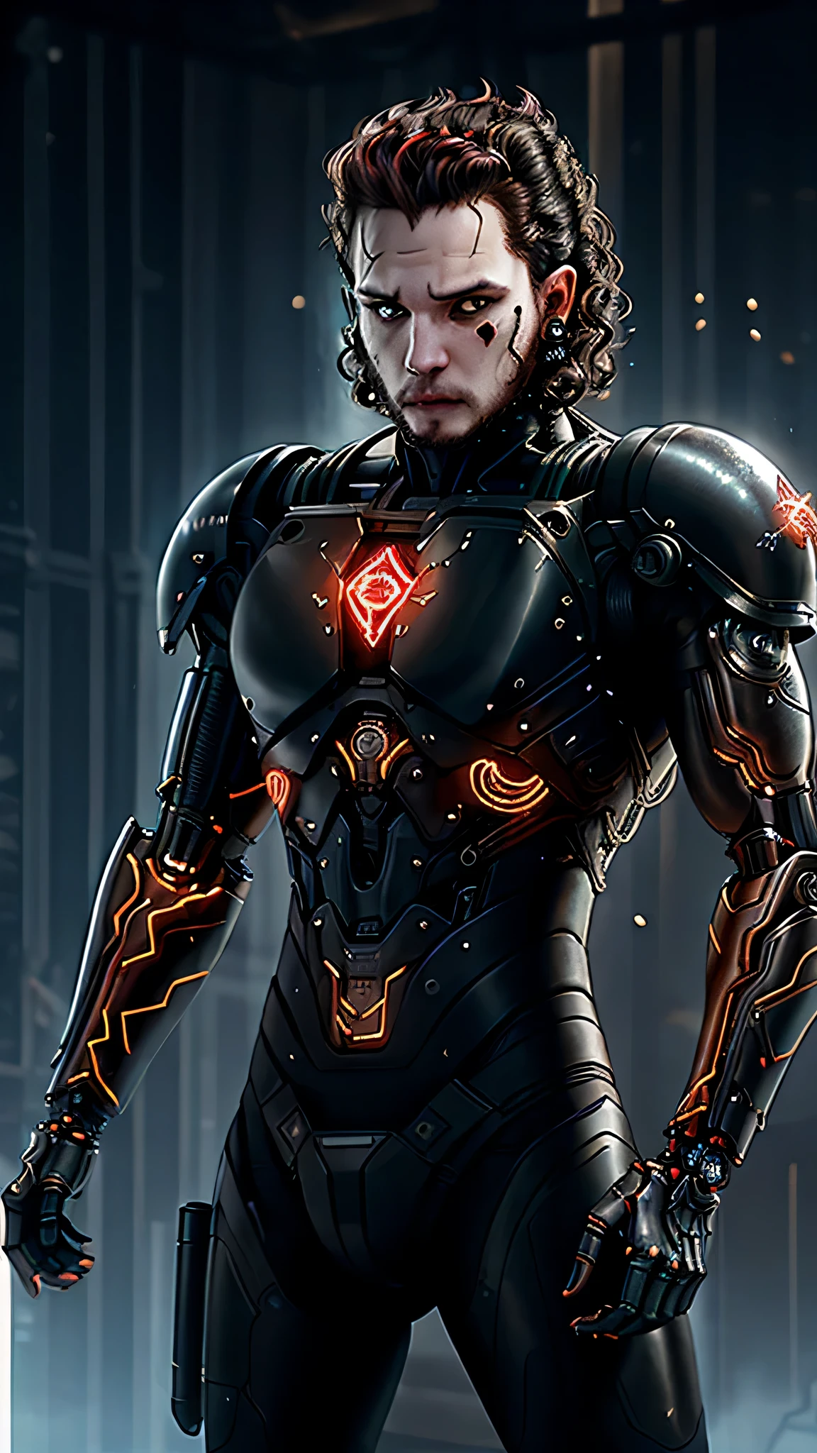 postapocalypse, (Kit Harington) as a cyborg, ((curly black mohawk)), half-body image of a fully technological cyborg, wires instead of blood vessels, robotic implants in the face, bionic eye, Artificial brain, body made of metal and flesh. Resistant, intricate, UHD