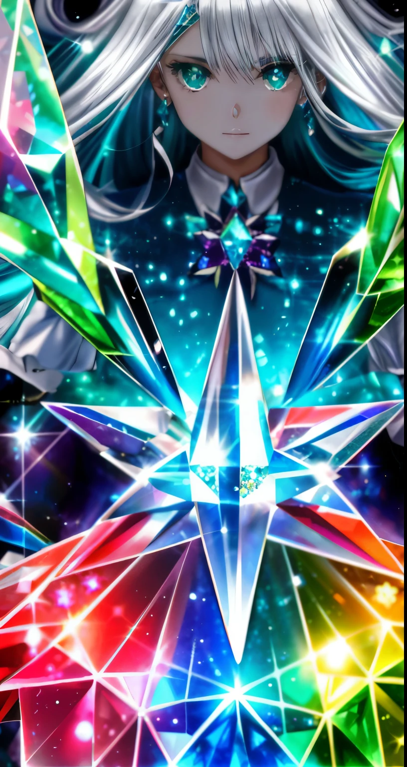 silver hair girl,Crystals and colorful crystals and rainbow crystals and rubies and aquamarines and emeralds,It was a mess,Super transformation,High resolution,bright,sharp,Mr.々Shape,Sparkling,shine