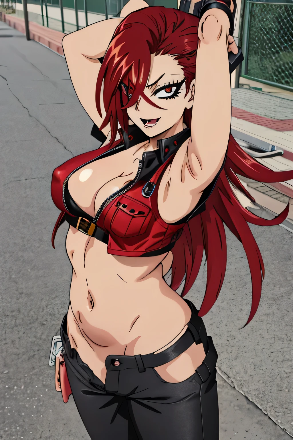 masterpiece, best quality, highres, detailed beautiful face,
1girl, solo, l red eyes, red hair, long hair, frown, hair over one eye,  large breasts, 
masterpiece, best quality, highly detailed, a girls with a gun, evil smile , open mouth, sexy gaze, badass pose , evil smile, smile, (nsfw) not safe for work, guns blazing, anime girl with long hair, beautiful long haired girl, navel, evil expression, exposed belly, exposed navel, exposed midriff, exposed lower belly, long black pants, crop top, cleavage, unbuttoned leather pants ,open fly, low rise black leather pants, leather jacket, holding a gun, outdoor,street,road, , arms up, lipstick,open arms sideway, arms T-pose, smirk, standing, anime girl T posing