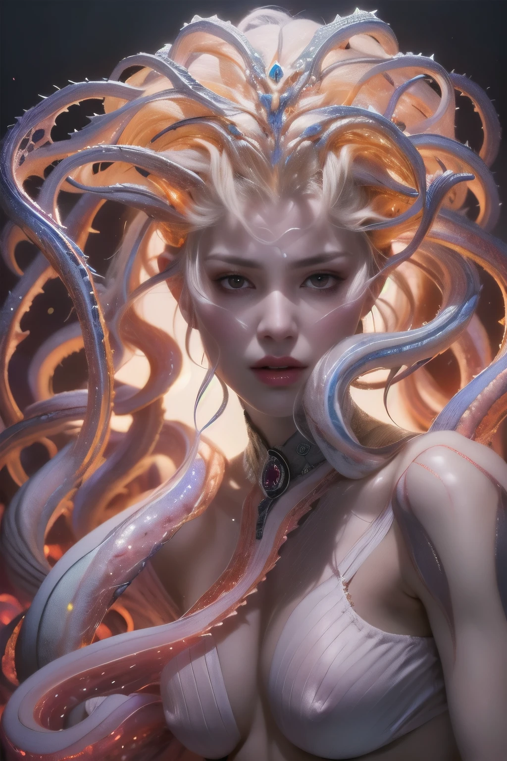 (1 female medusa-like mutant: 1.2), With a beautiful, enchanting face, this alien seduces us with her allure. Her captivating red eyes gleam brightly, reminiscent of burning embers. Her full body is unlike any human's, boasting a sexy, otherworldly form. No humans are present in this scene as she stands alone, her cells fused in a unique and intriguing extraterrestrial way.  (NSFW:1.0), moist skin,
(extraordinary beautiful nude photo:1.4), (glowing obsidian black eyes:1.5), (sexy and glamorous:1.1), (coquettish expression:1.2), toned lean body, (muscular body:1.2), (beautiful abs:1.5), beautiful nipples,  She has lots of iridescent translucent tentacles instead of her hair, pale skin, (white skin with prominent veins:1.3), moist skin,
Lots of iridescent translucent tentacles adorn her body, shimmering under the dramatic lighting. Her pale skin, with a hint of translucency, adds to her ethereal allure. This masterpiece, rendered in