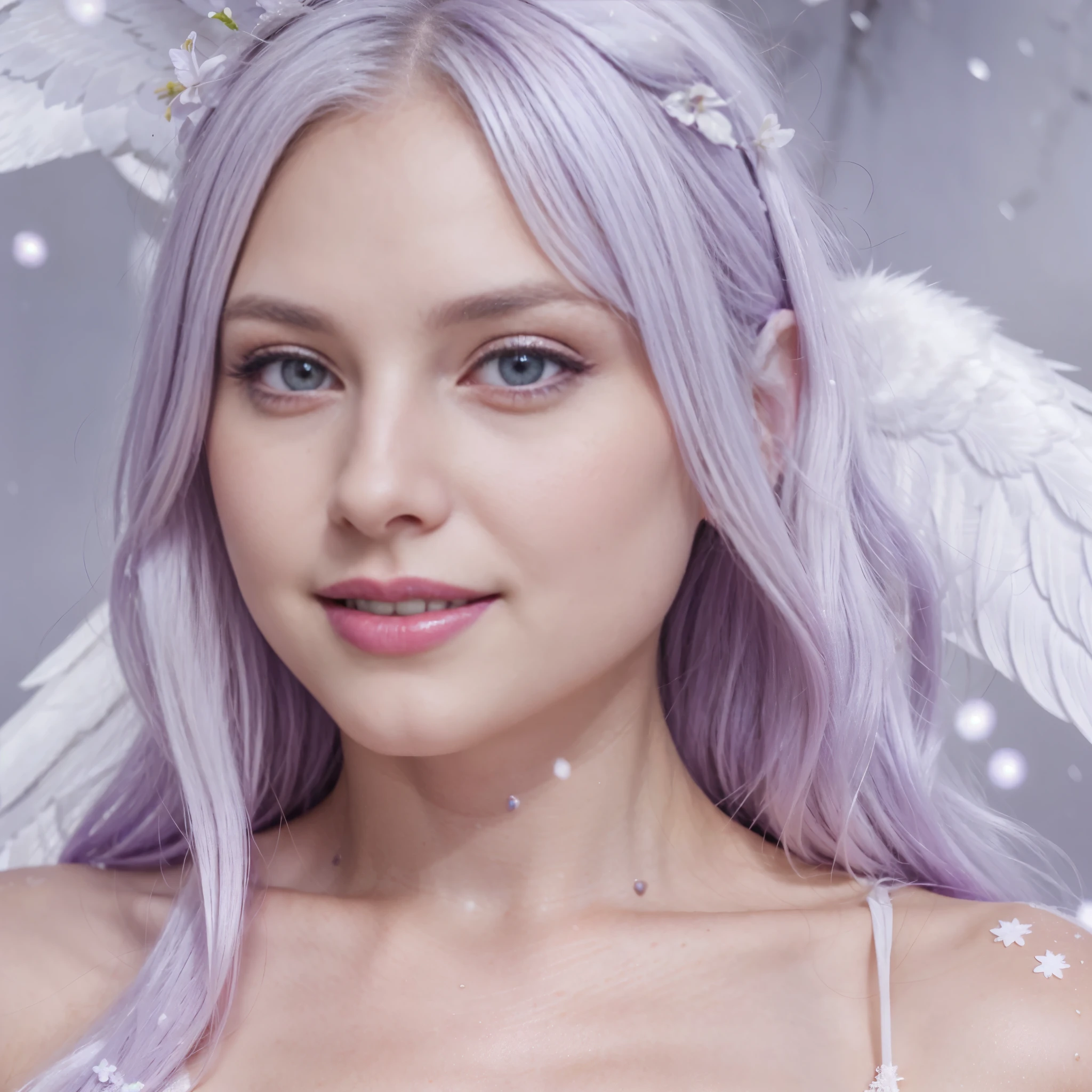 beautiful 30 year old woman with her angelic face with violet eyes and her beautiful long white hair like snow imperfect skin violet eyes like a flower lipstick as red as blood and a majestic smile like tomorrow.