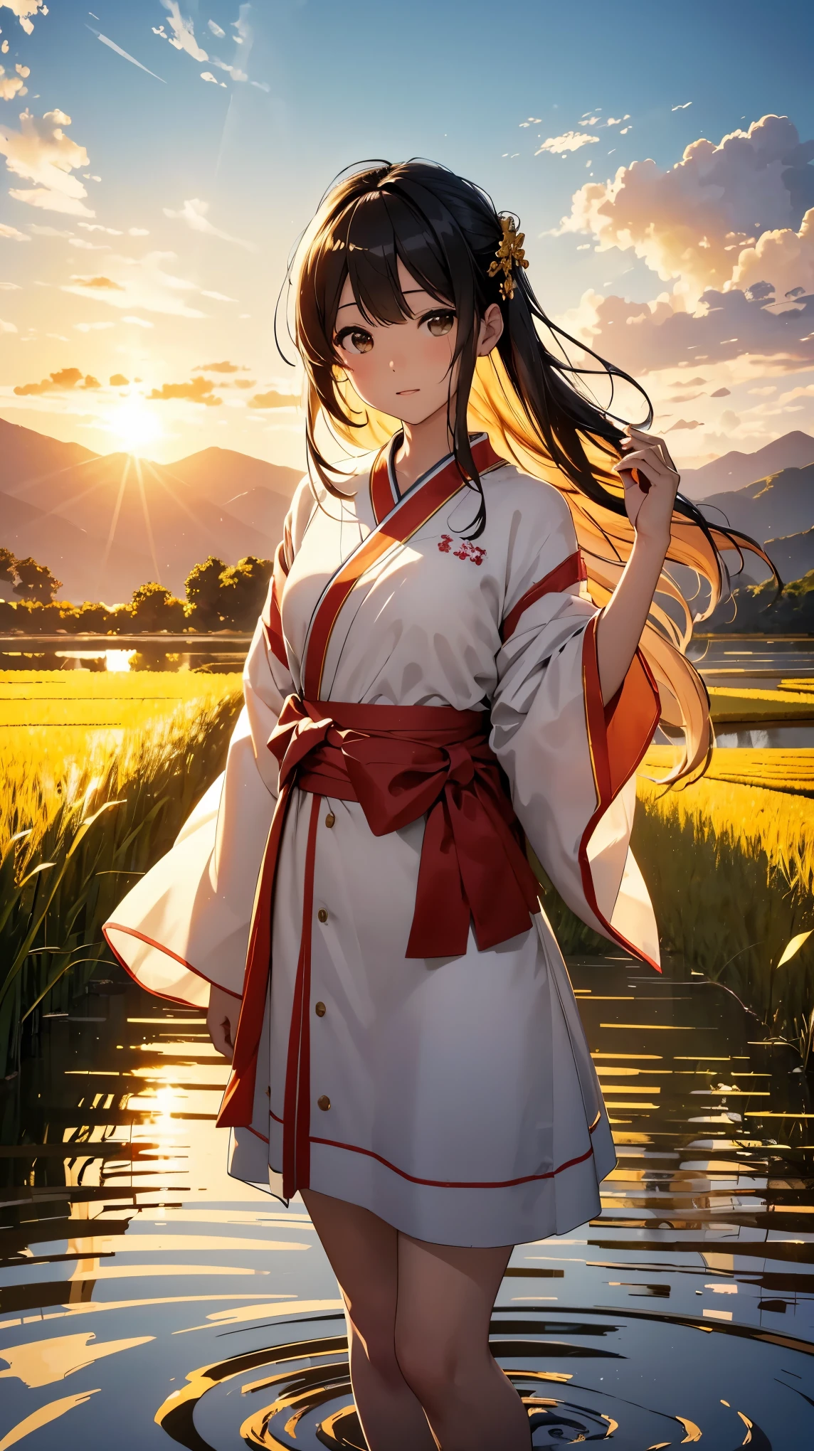 (highest quality, High resolution, masterpiece:1.2), Swaying ears of rice, 揃ってSwaying ears of riceがまるで波のように見える, Inada, golden waves, Rice field with divided sections, Azemichi, Swaying ears of rice, nostalgia, Inada, Shine in the sunset, waves of rice,