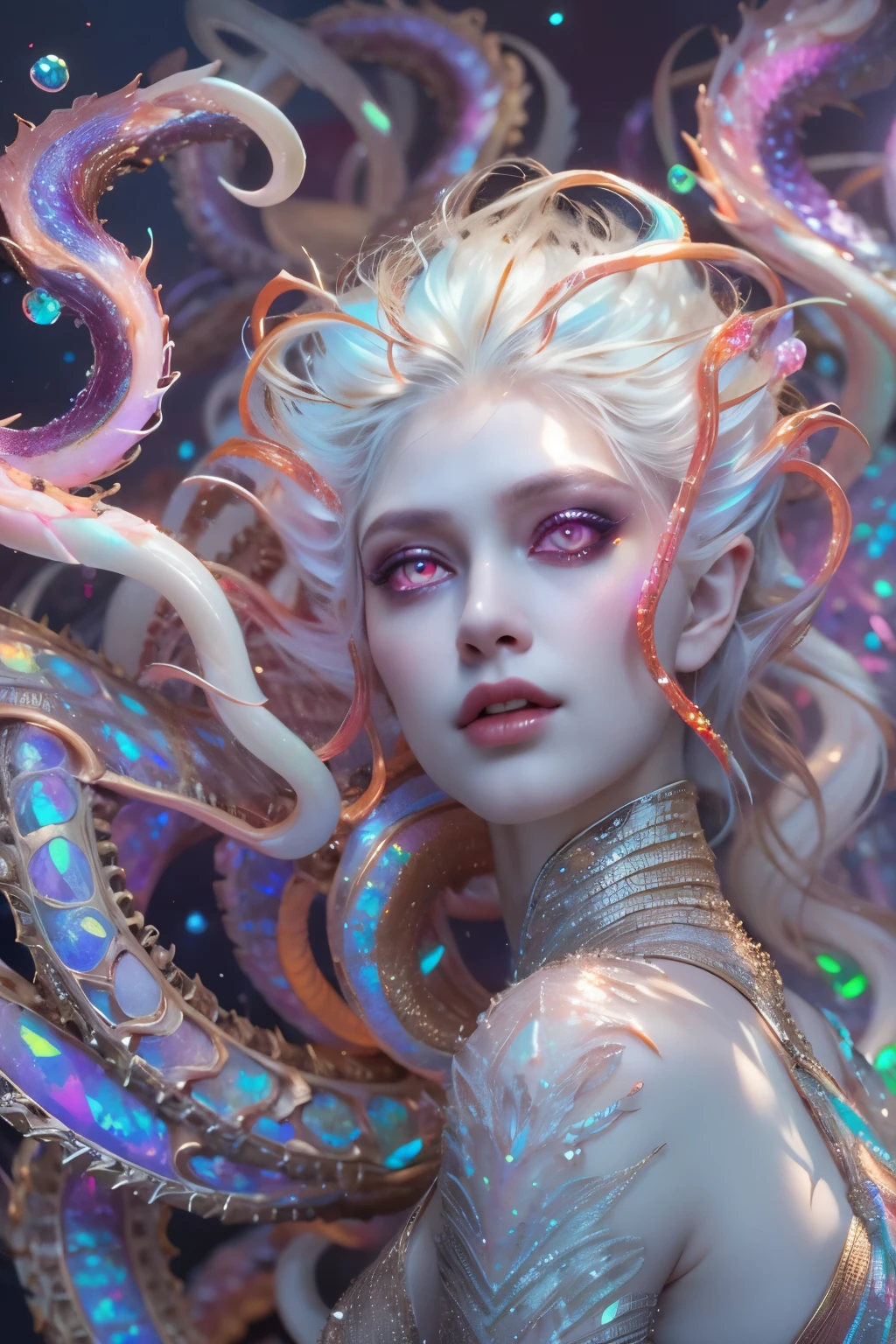 (1 female medusa-like mutant: 1.2), With a beautiful, enchanting face, this alien seduces us with her allure. Her captivating red eyes gleam brightly, reminiscent of burning embers. Her full body is unlike any human's, boasting a sexy, otherworldly form. No humans are present in this scene as she stands alone, her cells fused in a unique and intriguing extraterrestrial way.  (NSFW:1.0), moist skin,
(extraordinary beautiful nude photo:1.4), (glowing Pyromorphite eyes:1.5), (sexy and glamorous:1.1), (coquettish expression:1.2), toned lean body, (muscular body:1.2), (beautiful abs:1.5), beautiful nipples,  She has lots of iridescent translucent tentacles instead of her hair, pale skin, (white skin with prominent veins:1.3), moist skin,
Lots of iridescent translucent tentacles adorn her body, shimmering under the dramatic lighting. Her pale skin, with a hint of translucency, adds to her ethereal allure. This masterpiece, rendered in