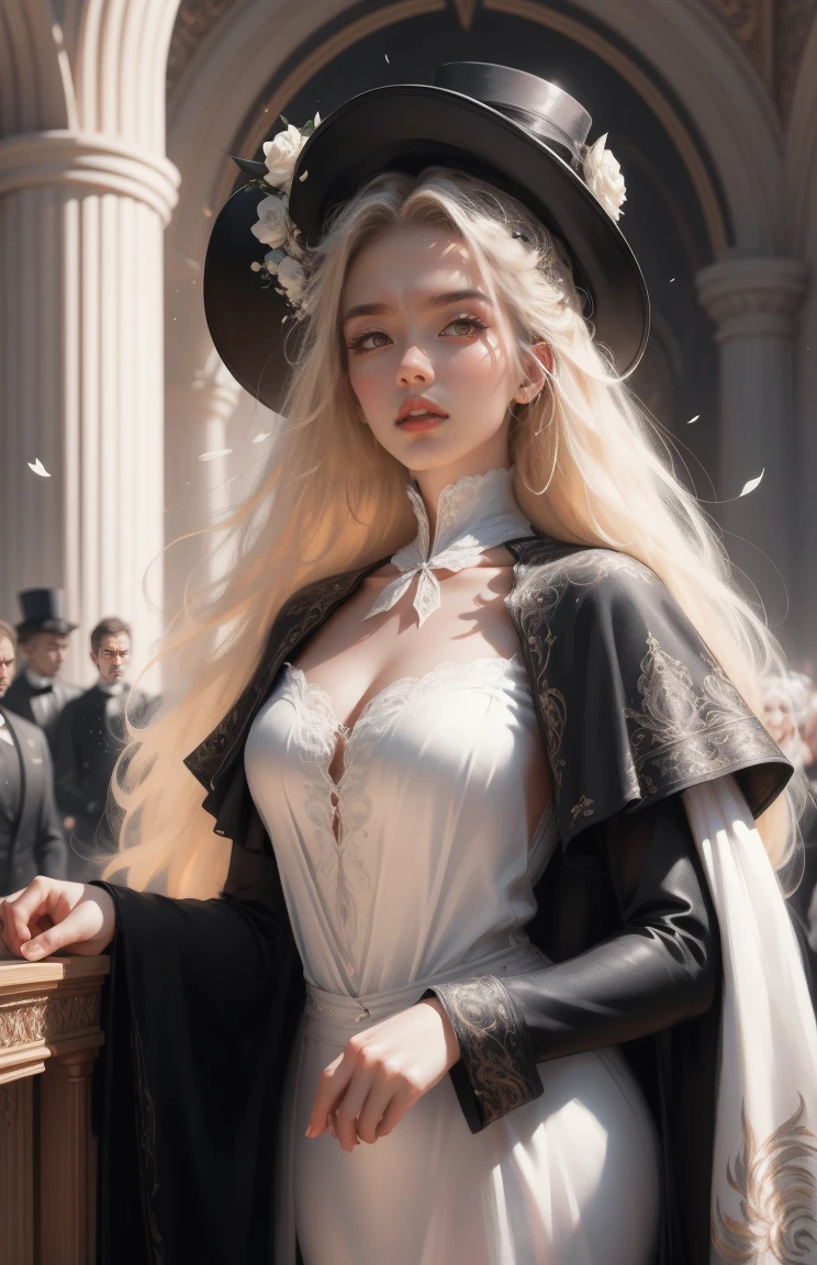 { - anatomy error}(Masterpiece - Ultra-detailed, very high resolution) Prepare to be enchanted by a true masterpiece that combines ultra-detailed art with high-resolution rendering. This work depicts a mesmerizing woman with very long blond hair (1.3) and captivating gray eyes (1.2), emanating an aura of elegance and mystery in Victorian settings. The intricate details and realistic textures invite you to explore every aspect of this enchanting composition. Woman wearing beautiful classic Victorian costume from the year 1878. Red lips. Happy face. Smiling. Delicate smile. white (white) dress. on the sun wearing period hat, dynamic poses. Get ready to dive into a world where beauty and craftsmanship merge perfectly.