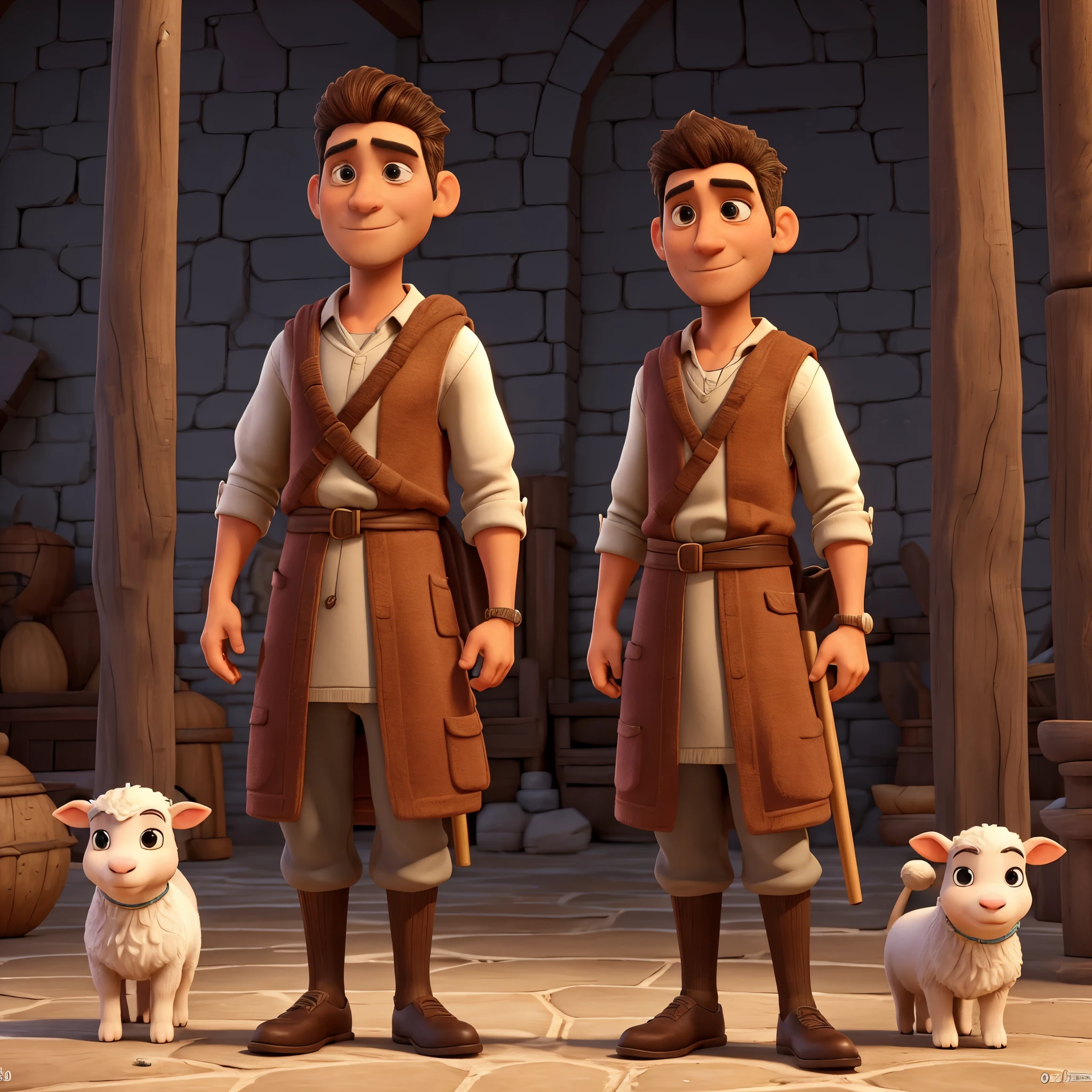 Imagem realista, 3D_Pixar_estilo, o personagem Uriel Arik, homem, cerca de 30 anos,olho pretos, cabelo preto liso, using biblical oriental traditions, vestido vermelho com cinto preto em volta da cintura, holding in one of his hands a staff used by sheep shepherds,  looking at the camera. 
