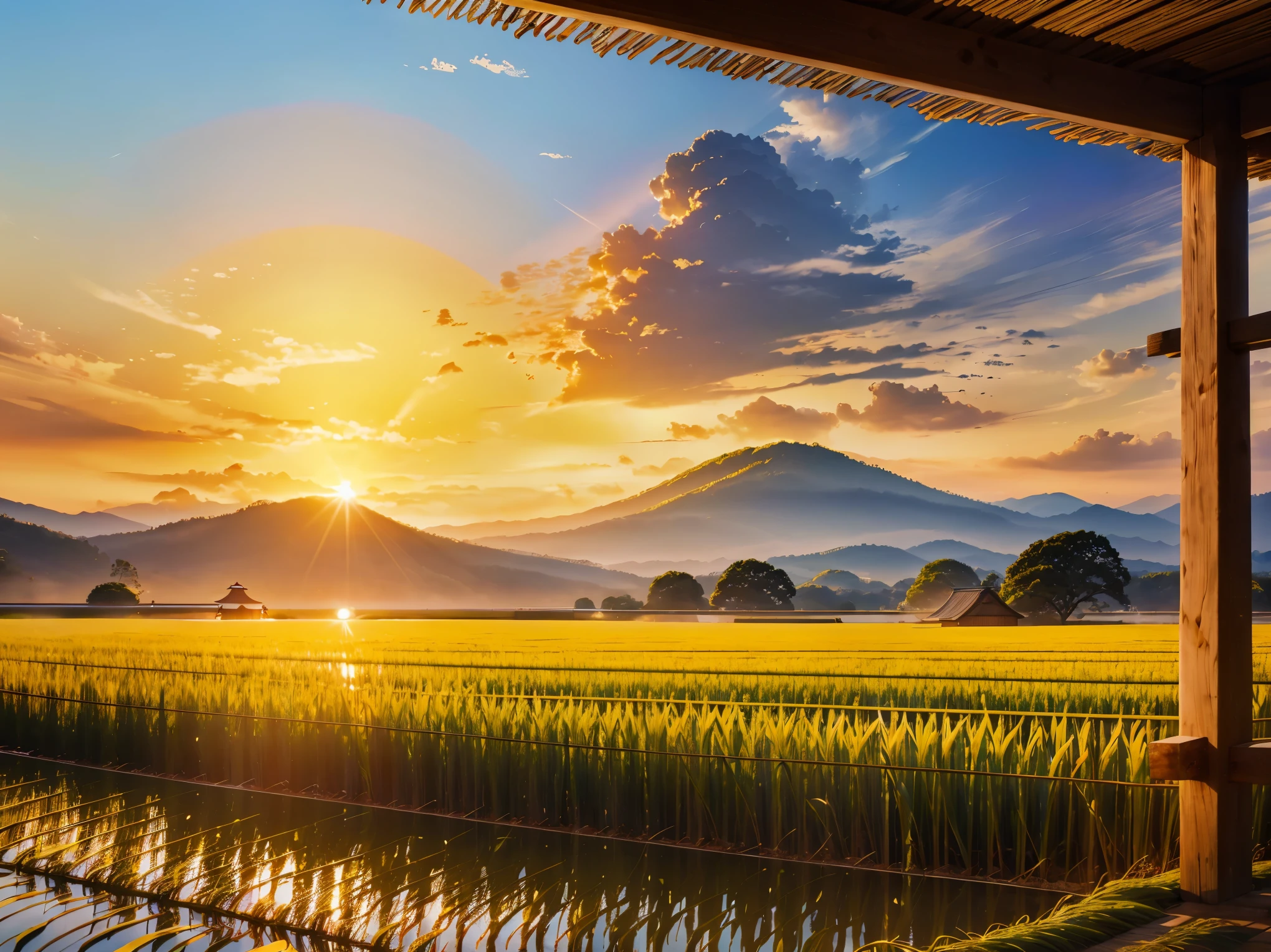 (highest quality, High resolution, masterpiece:1.2), Swaying ears of rice, 揃ってSwaying ears of riceがまるで波のように見える, Inada, golden waves, Rice field with divided sections, Azemichi, Swaying ears of rice, nostalgia, Inada, Shine in the sunset, waves of rice,