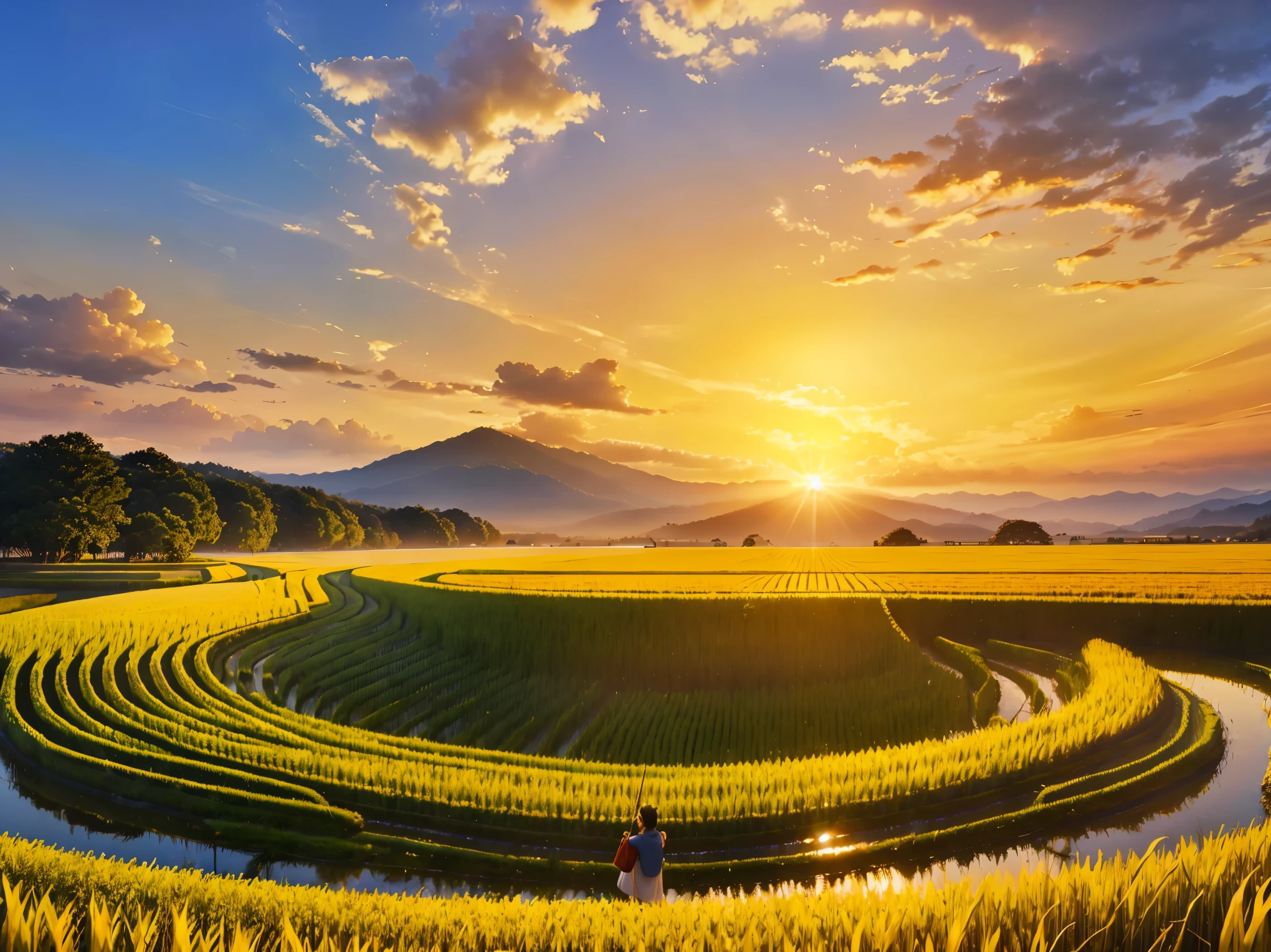 (highest quality, High resolution, masterpiece:1.2), Swaying ears of rice, 揃ってSwaying ears of riceがまるで波のように見える, Inada, golden waves, Rice field with divided sections, Azemichi, Swaying ears of rice, nostalgia, Inada, Shine in the sunset, waves of rice,