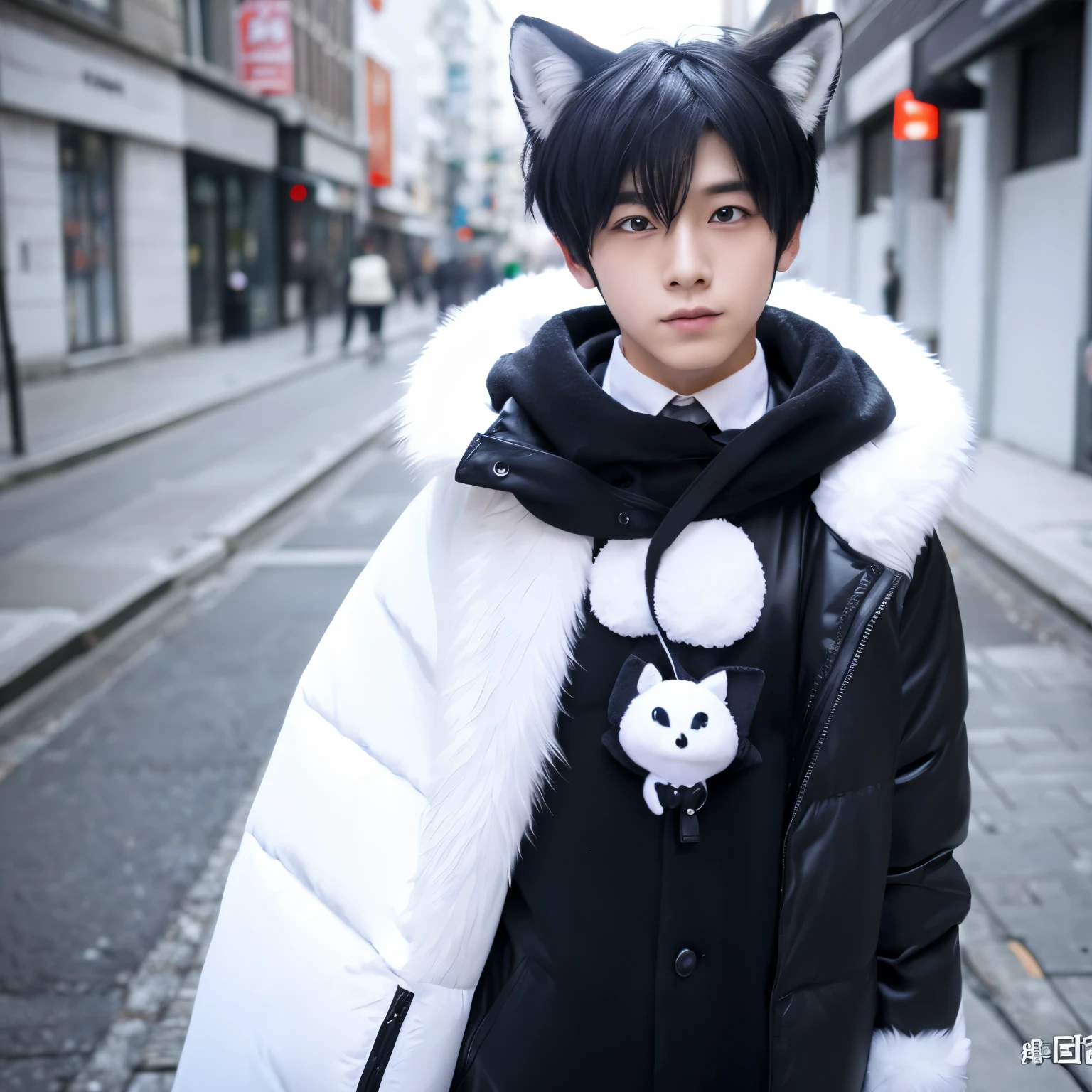 white fox, pink eyes, genital tattoo, uterus tattoo, short hair, black hair, sweater man, femboy, bisexual men, furry, City of night, shining eyes, emotionless, long tail, collar, masterpiece, puppet, bat wings, shy, white earphones, fox tail, highest quality, core, slime core, white body, name snow, fox tail, black tail, transfer fox, 2 boys(snow fox), little boy, open coat,