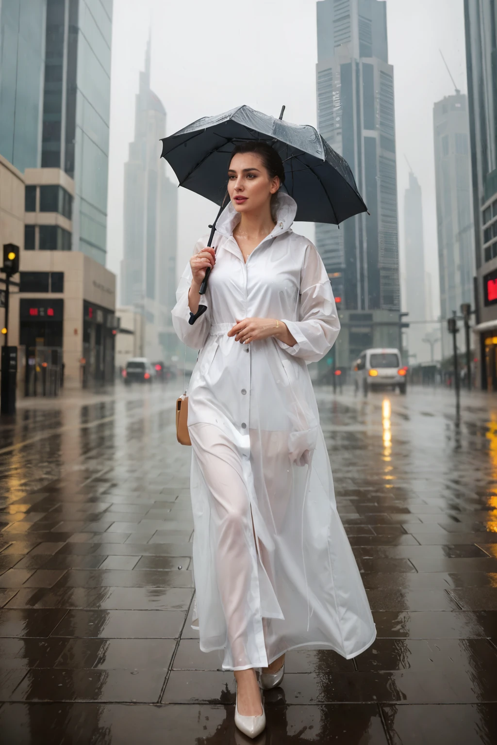 Woman standing in the rain in Dubai, 4k high definition, realism, umbrella in hand, long dress getting wet, hair slicked back, expression of amazement on her face, raindrops beading on her nose and lips, puddles on the sidewalk, city skyline visible in the background, reflections on the wet surfaces, splashes of water, raincoat hanging on her arm.