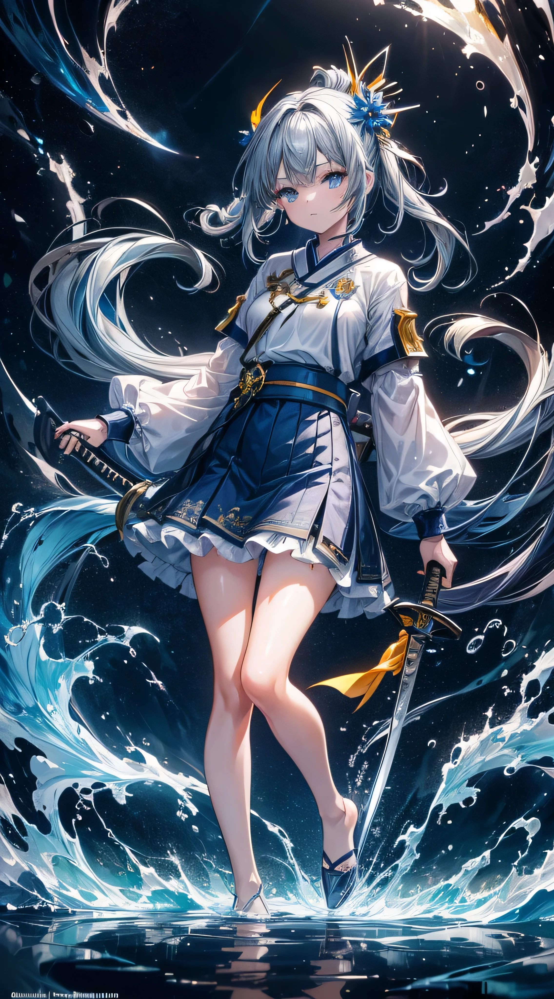 Best quality, ultra sharpener, ultra detail, masterpiece, 8K, sky, flame, blue aura, yellow aura, standing in top water, 1girl, young girl, shiroko model, long hair, grey hair, floating hair, blue flower hair ornaments, deep blue eyes, beautiful eyes, white T - shirt, flame surrounding hands, katana