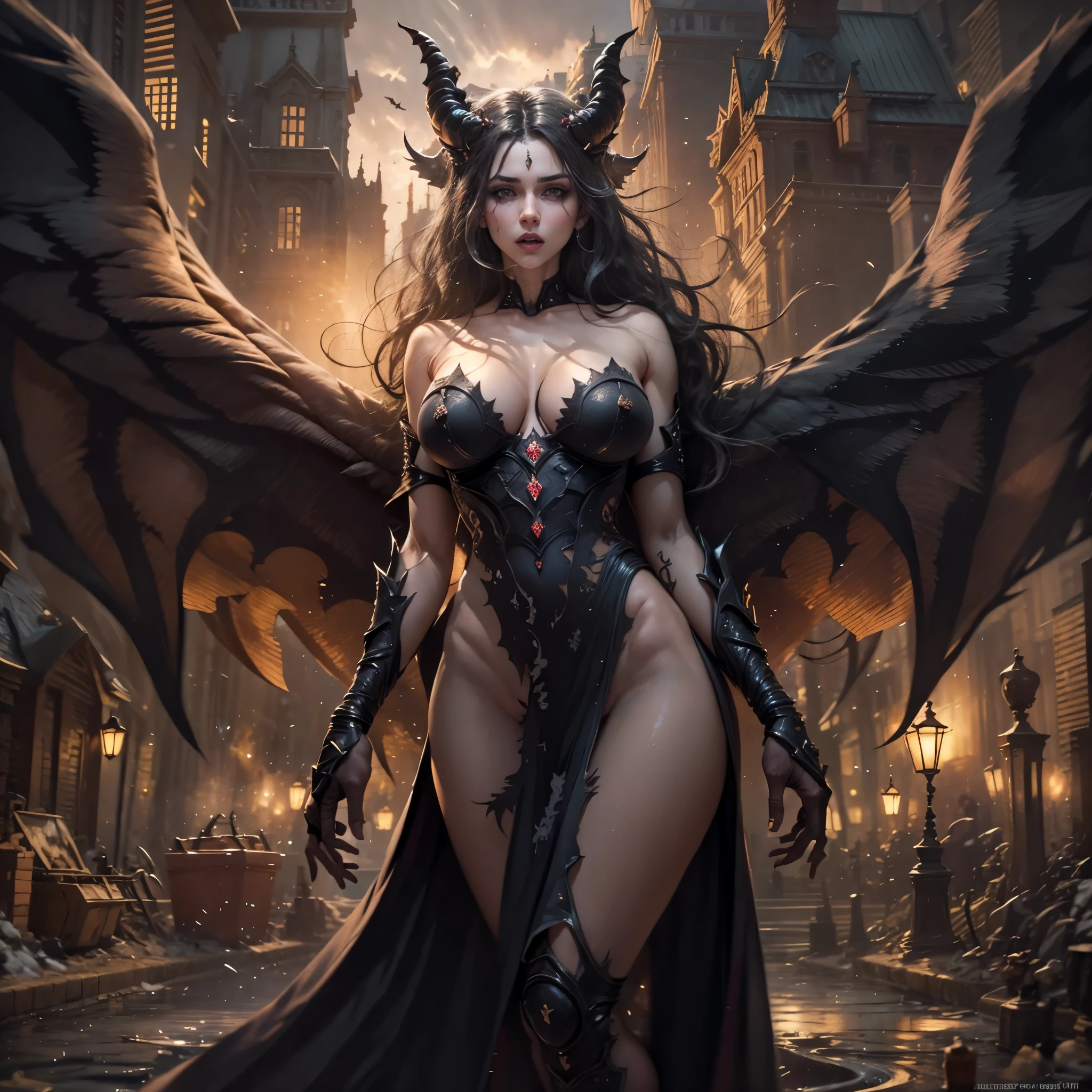 best quality,4k,8k,highres,masterpiece:1.2, ultra-detailed(Masterpiece, Top Quality, Best, Official Art, Beautiful and Aesthetic, Long Exposure: 1.2), Smooth Movement, dark tone, sinister feeling, 1 woman, succubus, bare shoulders, Demon, demon horns, adult demon woman, blush, long wild hair, full body, solo, upper body, looking at the observer, has large open demon wings, has wings, has bat wings, detailed background, detailed face, in a fancy bedroom, dynamic pose, town in the background, ethereal atmosphere, naked, erect nipples, blush, empress, lens flare, perfect face, perfect body, huge breasts, massive breasts, gigantic tits, super huge enormously gigantic tits, ultra detailed, high resolution, unreal engine 5, ultra detailed eyes, colourful hue, full body view, highly detailed vulva, highly detailed vagina, highly detailed pussy, visible pussy, spread legs, sexy, spread pussy, cumming, cumming from pussy, cum dripping from pussy, lustful expression