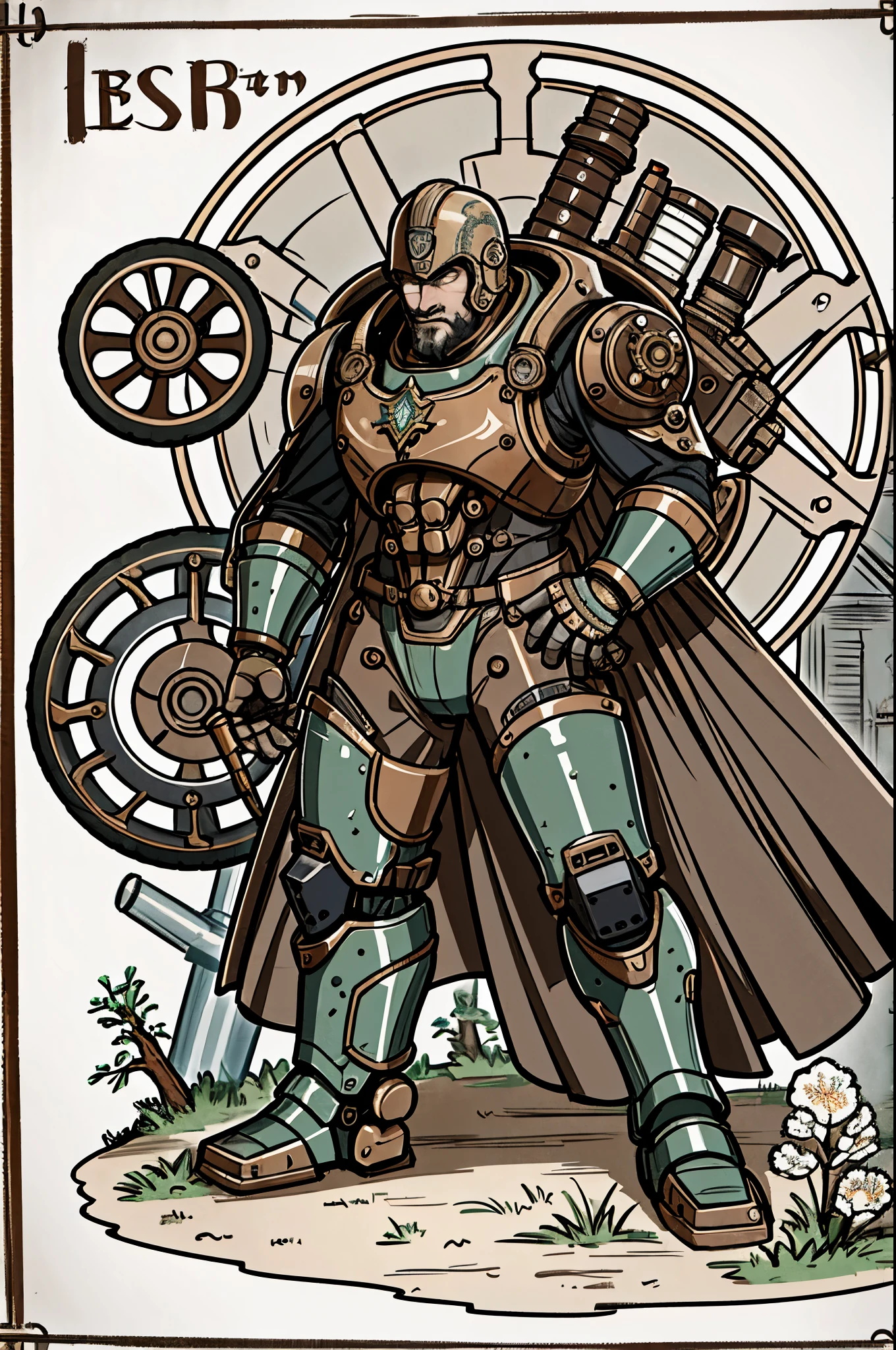 war machine, engineer, guy with machines, steam punk, by bestiary_style, masterpiece, best quality, solo, RPG engineer