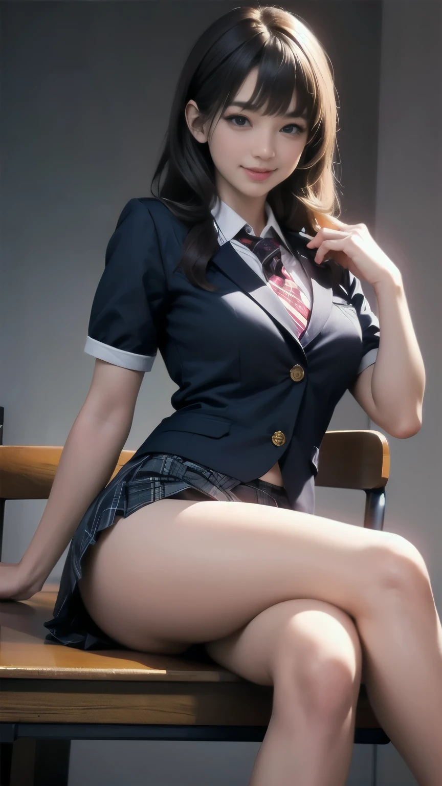 master piece, better quality, finely, 1 girl, expressive eyes, perfect face, enchanting smile, school uniform, (mini skirt) (crossed legs), sexy thighs, medium breasts、white panties