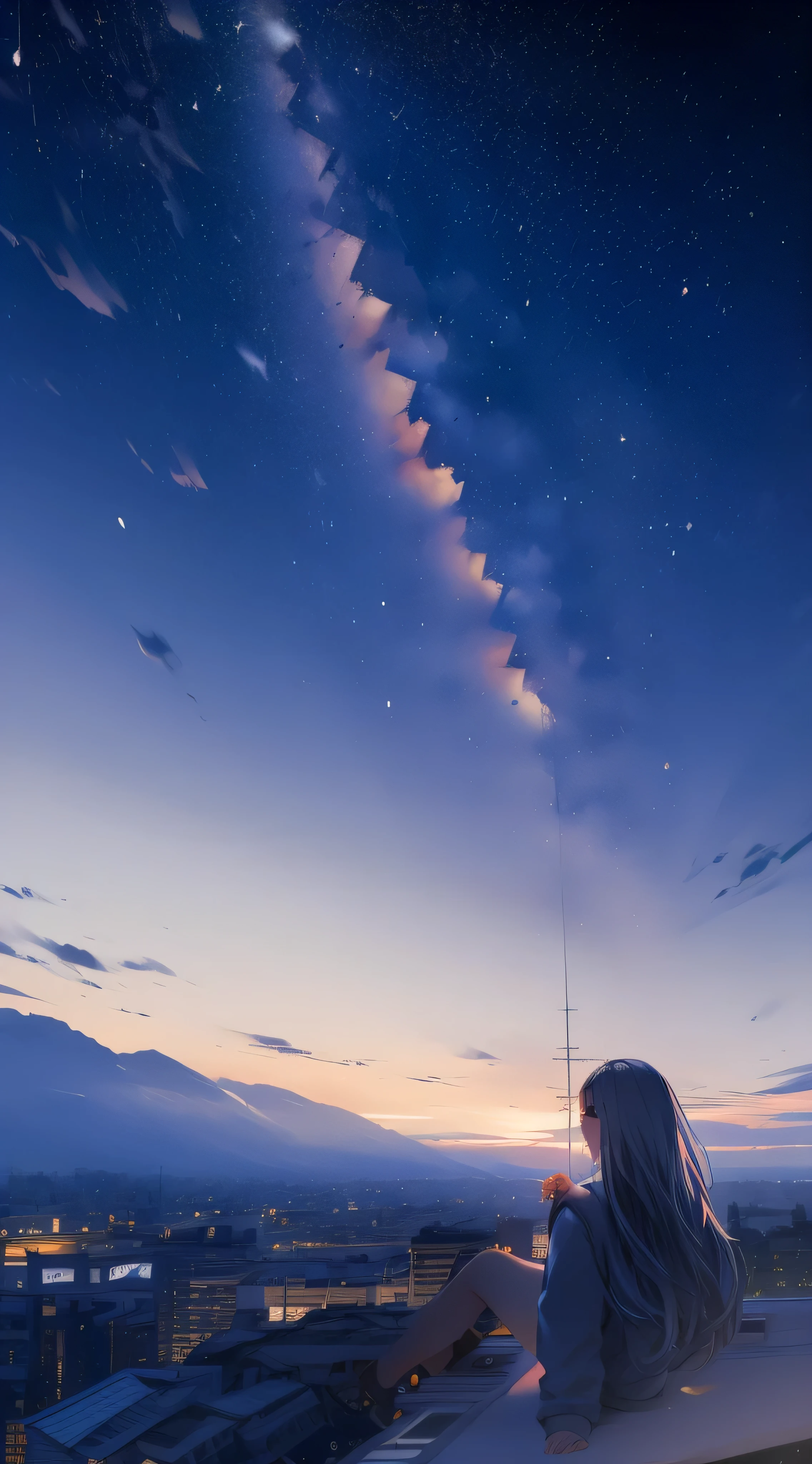 Masterpiece, best quality, ultra sharpener, ultra detail, 8K, ultra resolution, sky, in rooftop Skyscraper, city view, night sky, stars, beautiful shooting star, 1girl, young girl, shiroko model, long hair, grey hair, blue flower hair ornament, deep blue eyes, pretty eyes, looking sky, hand pointed to the sky