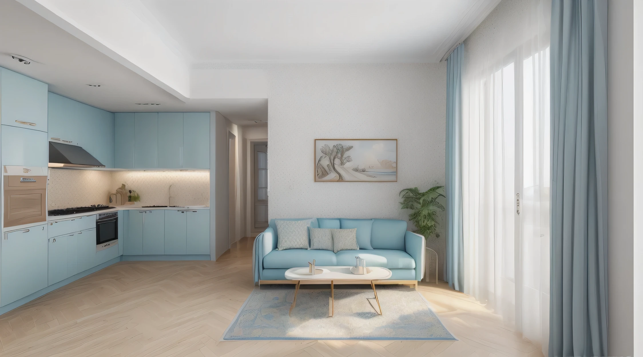 (best quality, 4K,8K,high resolution,chef-d&#39;artwork:1.2),super detailed,(Reality,vrai photo,photo-real:1.37),design d&#39;interior of&#39;appartement, salon cuisine, Mediterranean style, Murs blancs avec des accents bleu clair, Parquet, Modern interior , natural daylight, Il y a des rideaux en tissu, white sofa table
