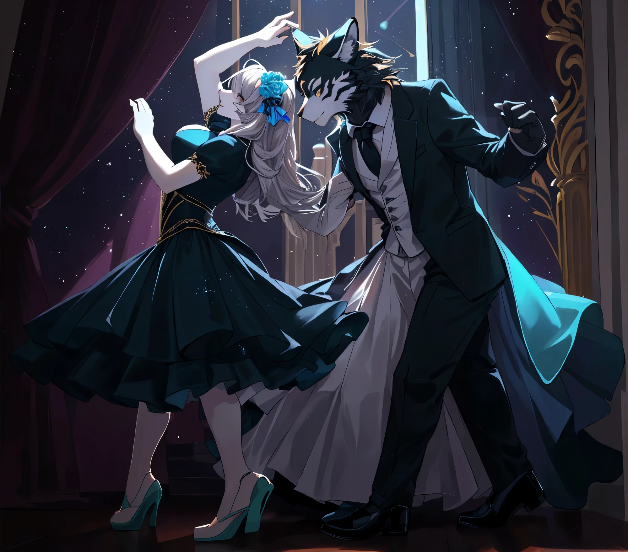 hay un dibujo de una pareja bailando juntos en un cuarto oscuro, flores, romance, furros, vestidos de traje, tigresa y lobo, bailando, bailando unos con otros, arte antro, very very beautiful arte peludo, Escena de baile, bailando con gracia, arte fursona, bailando elegantemente sobre ti, baile sensual, bailando en el fondo, arte peludo, in style of cytus and deemo, loish y wlop