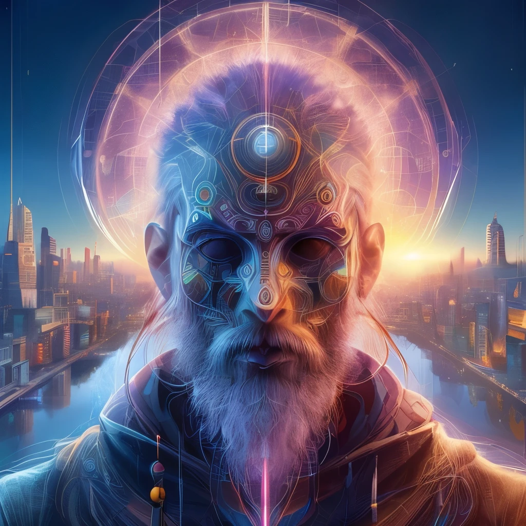 a man with a beard and a futuristic face stands in front of a city, by Mike "Beeple" Winkelmann, portrait of a digital shaman, style hybrid mix of beeple, beeple artwork, beeple and jeremiah ketner, 8 0's style tomasz alen kopera, greg beeple