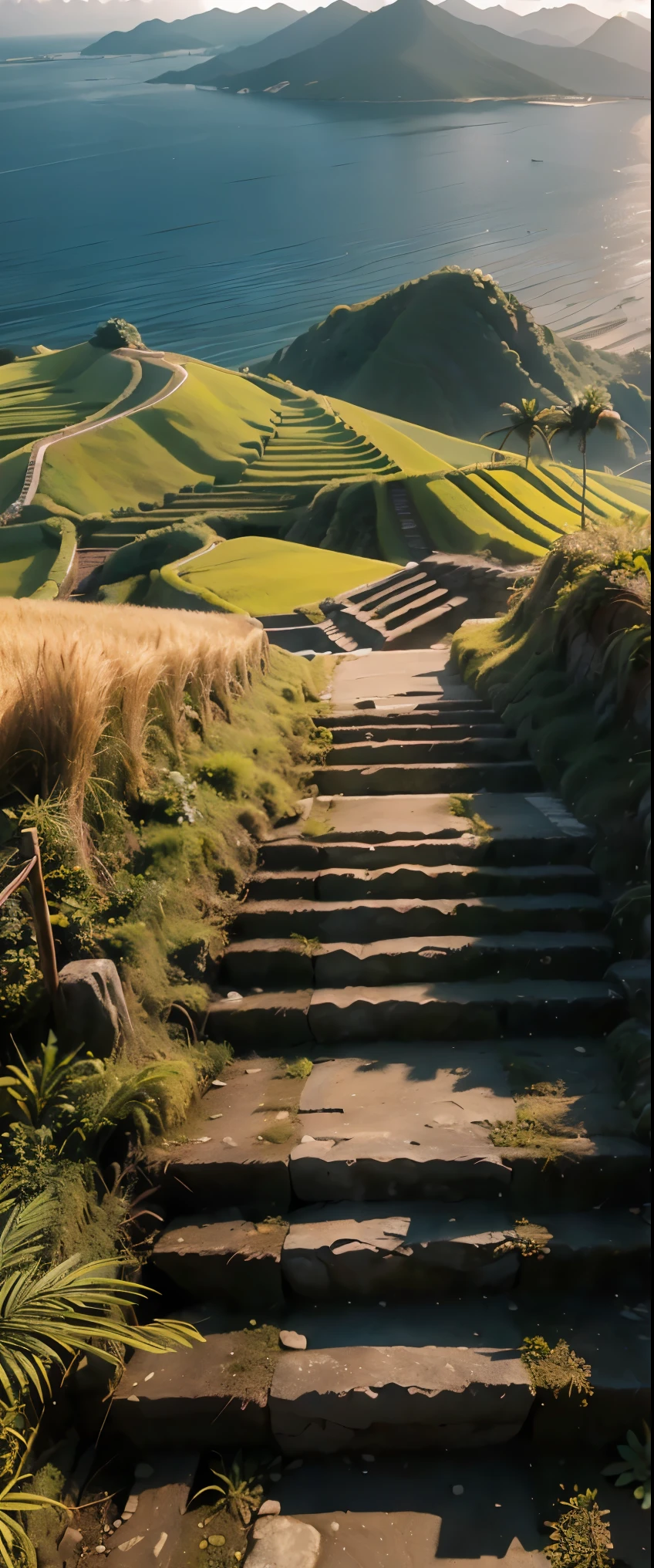 masterpiece, high quality, high resolution, raw photo, 8k, staircase of rice fields on a slope facing the sea, beautiful image, near the sea, stairs to the sea, (overlooking rice fields:1.2), terraced fields, young rice shining in the strong sunlight,  looking down from a terrace, sea in the background,  