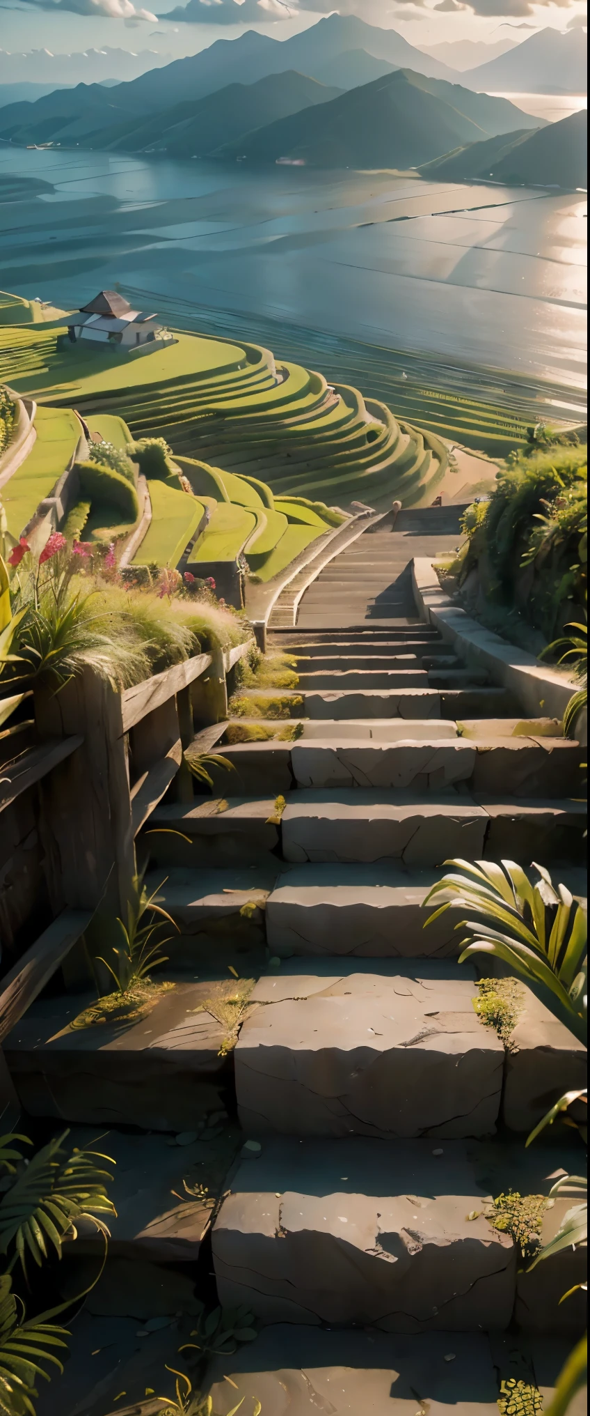 masterpiece, high quality, high resolution, raw photo, 8k, staircase of rice fields on a slope facing the sea, beautiful image, near the sea, stairs to the sea, (overlooking rice fields:1.2), terraced fields, young rice shining in the strong sunlight,  looking down from a terrace, sea in the background,  