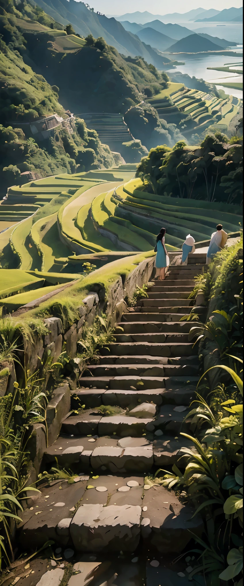 masterpiece, high quality, high resolution, raw photo, 8k, staircase of rice fields on a slope facing the sea, beautiful image, near the sea, stairs to the sea, (overlooking rice fields:1.2), terraced fields, young rice shining in the strong sunlight,  looking down from a terrace, sea in the background,  