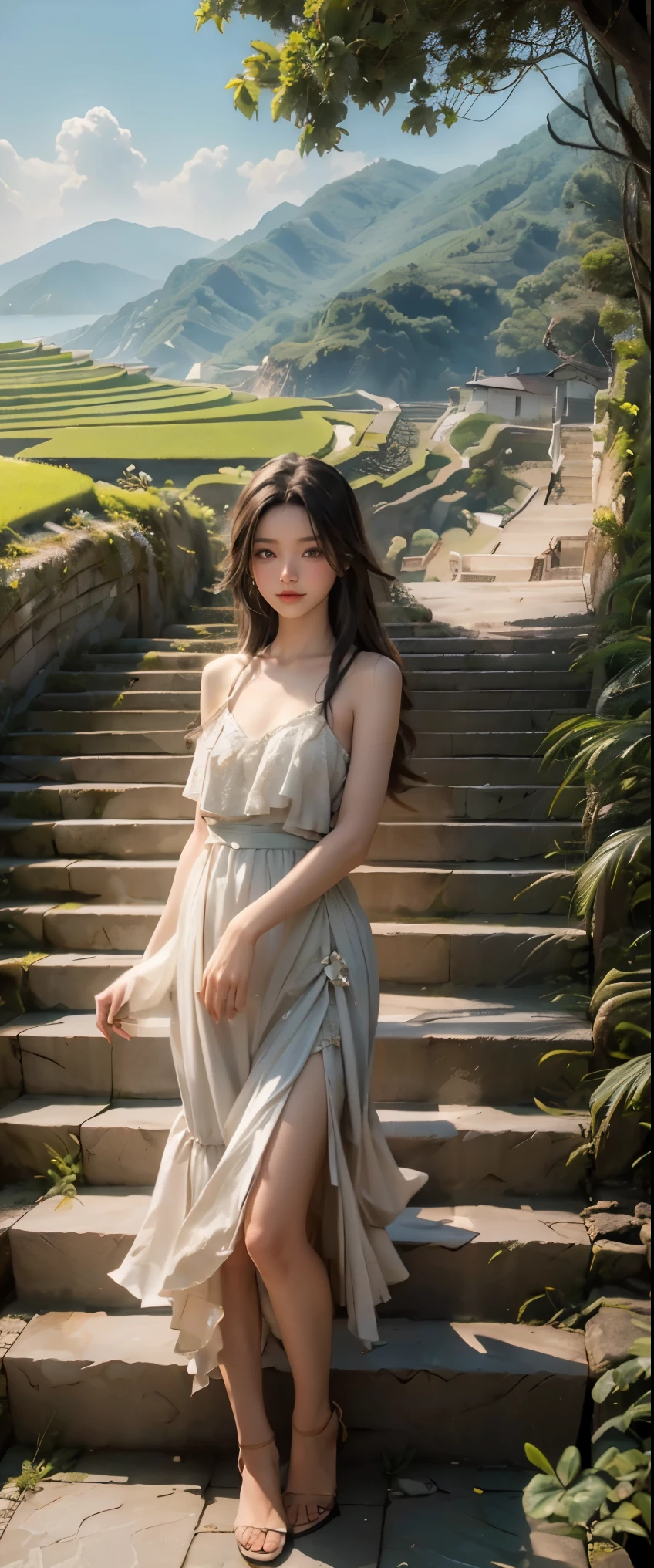 masterpiece, high quality, high resolution, raw photo, 8k, staircase of rice fields on a slope facing the sea, beautiful image, near the sea, stairs to the sea, (overlooking rice fields:1.2), terraced fields, young rice shining in the strong sunlight,  looking down from a terrace, sea in the background,  