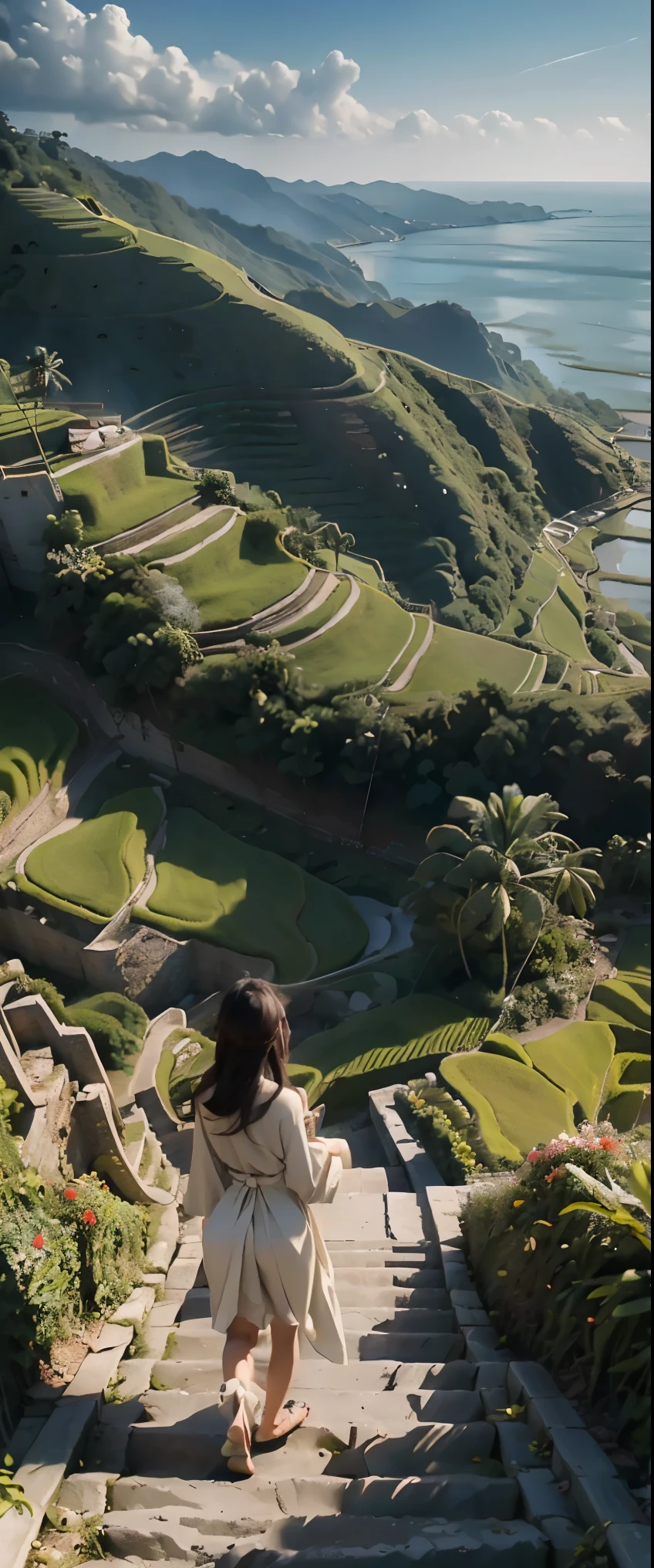 masterpiece, high quality, high resolution, raw photo, 8k, staircase of rice fields on a slope facing the sea, beautiful image, near the sea, stairs to the sea, (overlooking rice fields:1.2), terraced fields, young rice shining in the strong sunlight, looking down from a terrace, sea in the background,