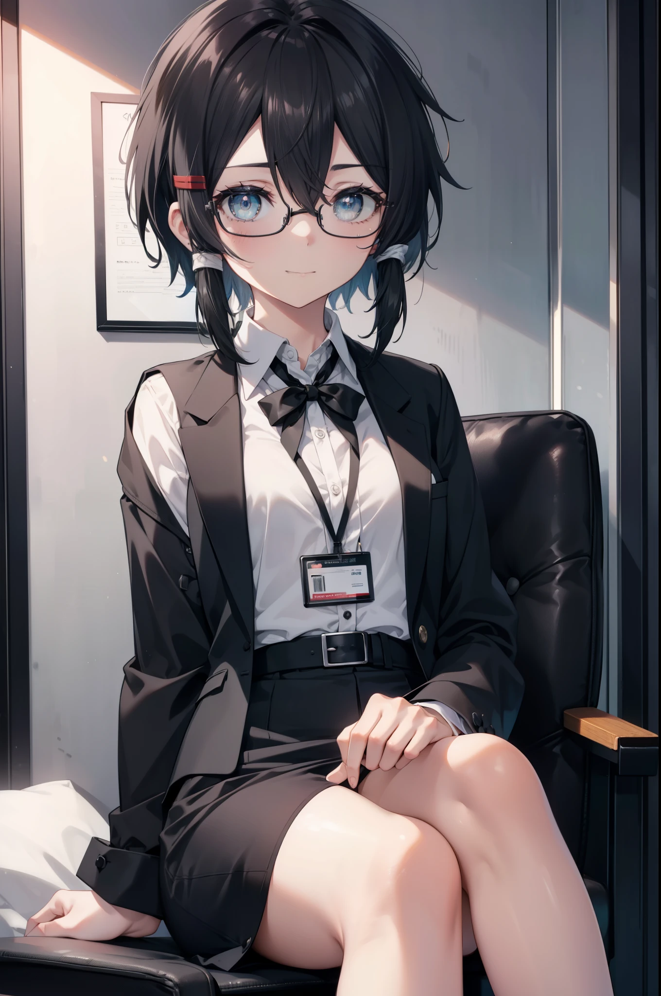 Shino Asada, shino asada, (black eye:1.5), black hair, hair between eyes, hair ribbon, short hair, side lock, Glasses, (small breasts:1.2),
OL,  end, black suit jacket, collared jacket, white dress shirt, collared shirt, neckline, button, strap, ID card on neck, black pencil skirt, black pantyhose, smile, blush, looking at the viewer, Charm, Mechanical,on your computer,sitting in a chair, interior,ブラインドタッチ
break looking at viewer,
break indoors, office,
break (masterpiece:1.2), highest quality, High resolution, unity 8k wallpaper, (figure:0.8), (detailed and beautiful eyes:1.6), highly detailed face, perfect lighting, Very detailed CG, (perfect hands, perfect anatomy),