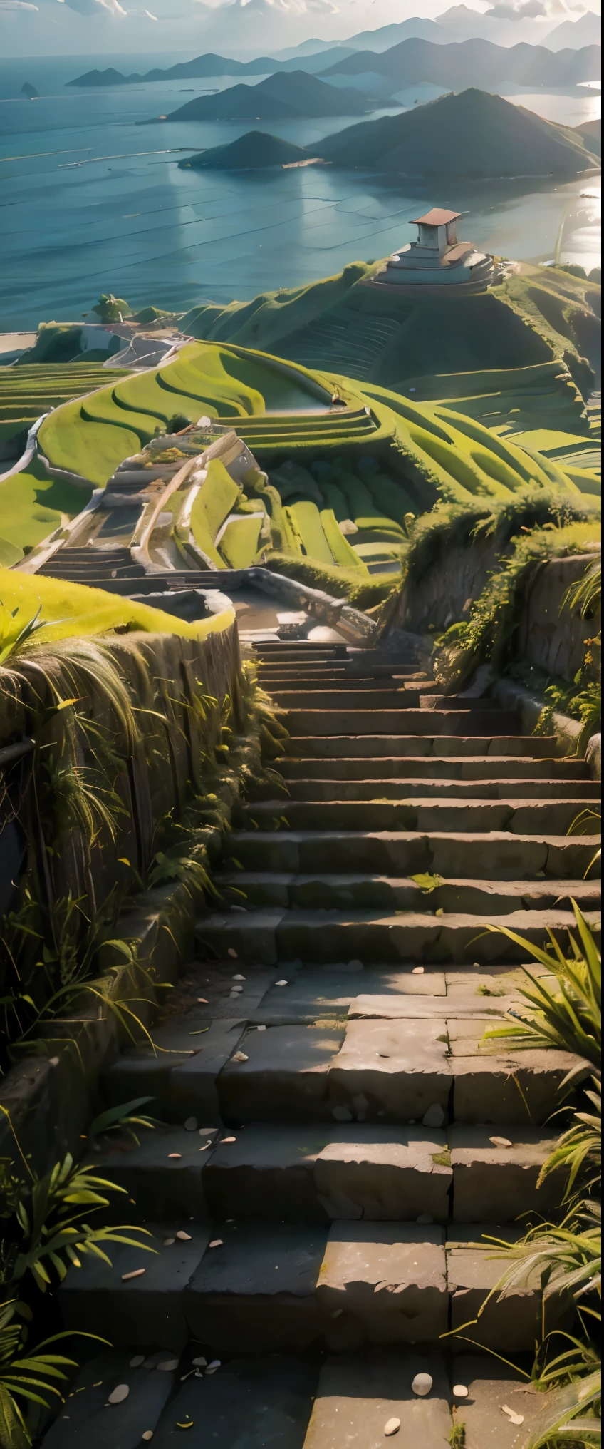 masterpiece, high quality, high resolution, raw photo, 8k, staircase of rice fields on a slope facing the sea, beautiful image, near the sea, stairs to the sea, (overlooking rice fields:1.2), terraced fields, young rice shining in the strong sunlight,  looking down from a terrace, sea in the background,  