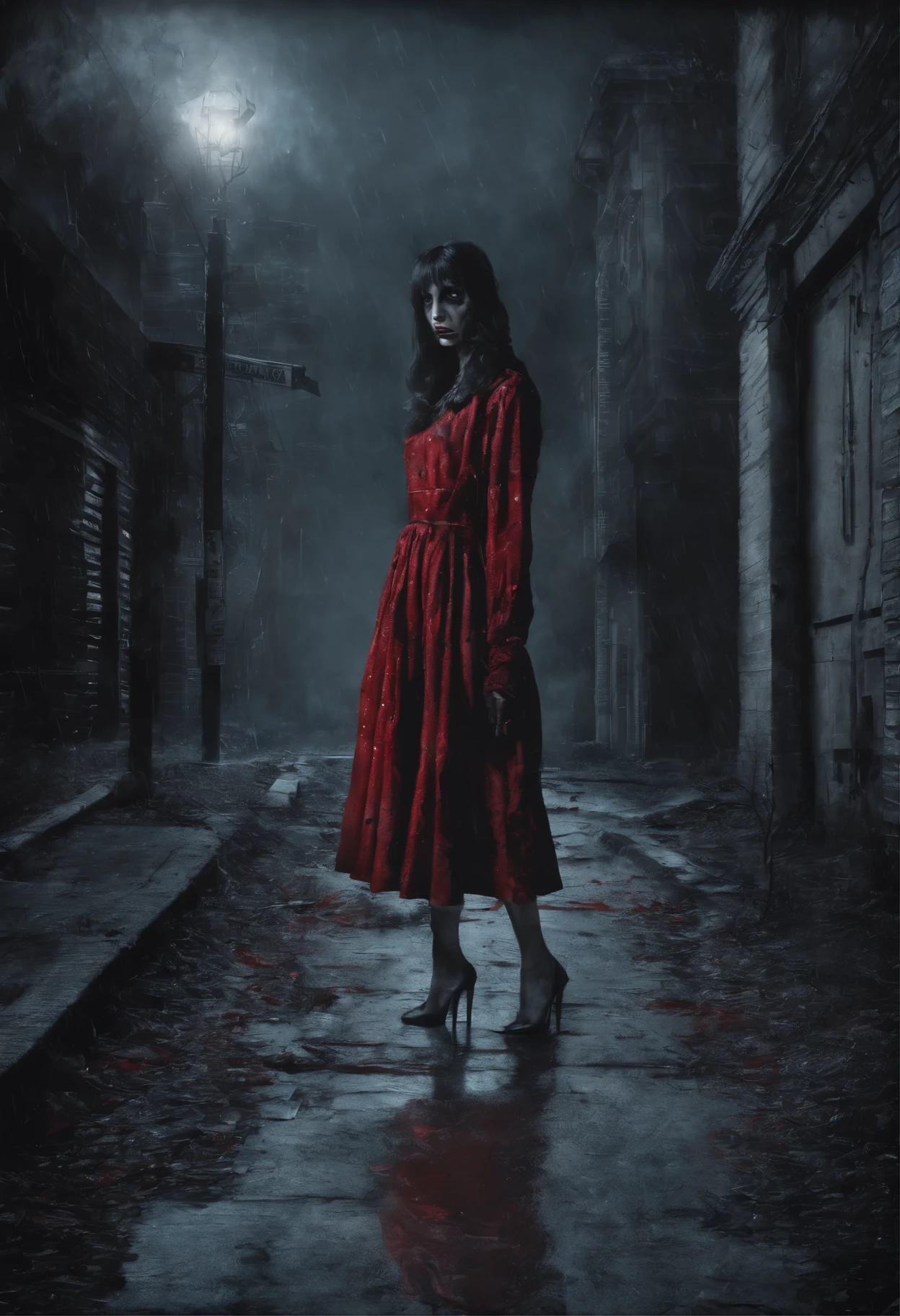  red MISSILE, on the sidewalk, blue dress with white dots
