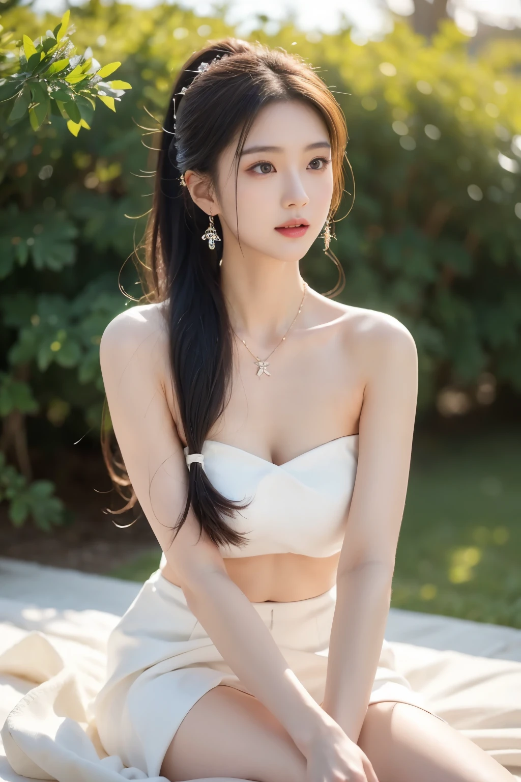 最佳质量By，masterpiece，high resolution，1個Giant Breast Girl，ponytail，porcelain skirt，hair accessories，necklace，jewelry，pretty face，physics，Tyndall effect，endless realism，dark studio，edge lighting，Two-tone lighting，（High detail skin：1.2 ）、8K Ultra HD、SLR、soft light lighting、high quality、Volumetric light、By、photo、high resolution、4k、8k、Bokeh、huge 、Full body female love、long legs、High heel、white dozen、trim your face，snowfield，snow scene，sky sky