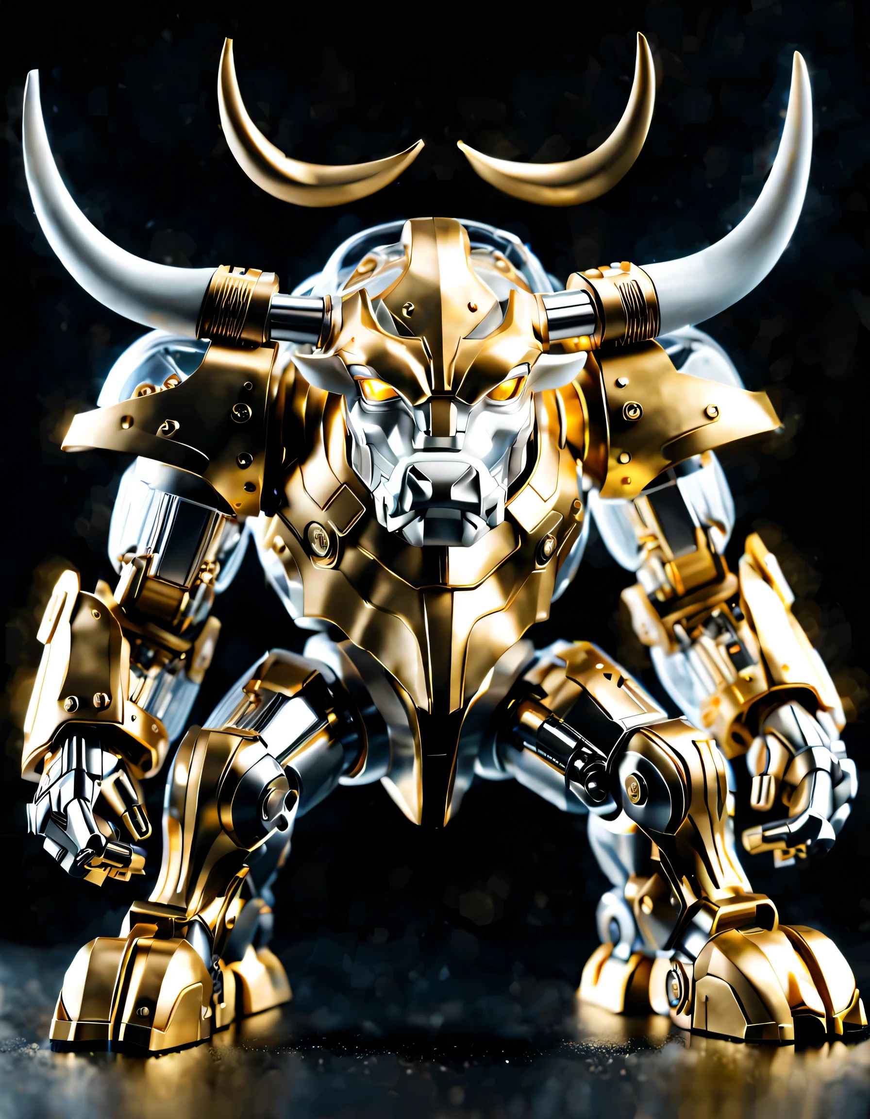 (Blind box toy style:1.2),Anthropomorphic mecha transparent metal bull, full view, Pure black background, white and gold color scheme. Fighting stance on the ground, Exquisite white transparent glass mechanical armor, Metal mechanical mask, Precision luminous electronic eye,(The internal structure is complex and precise:1.2), Exquisite and complex golden mecha texture, (gold mechanical thread:1.2), (Ray tracing, Well-designed, high detail, masterpiece, best quality, ultra high definition)
