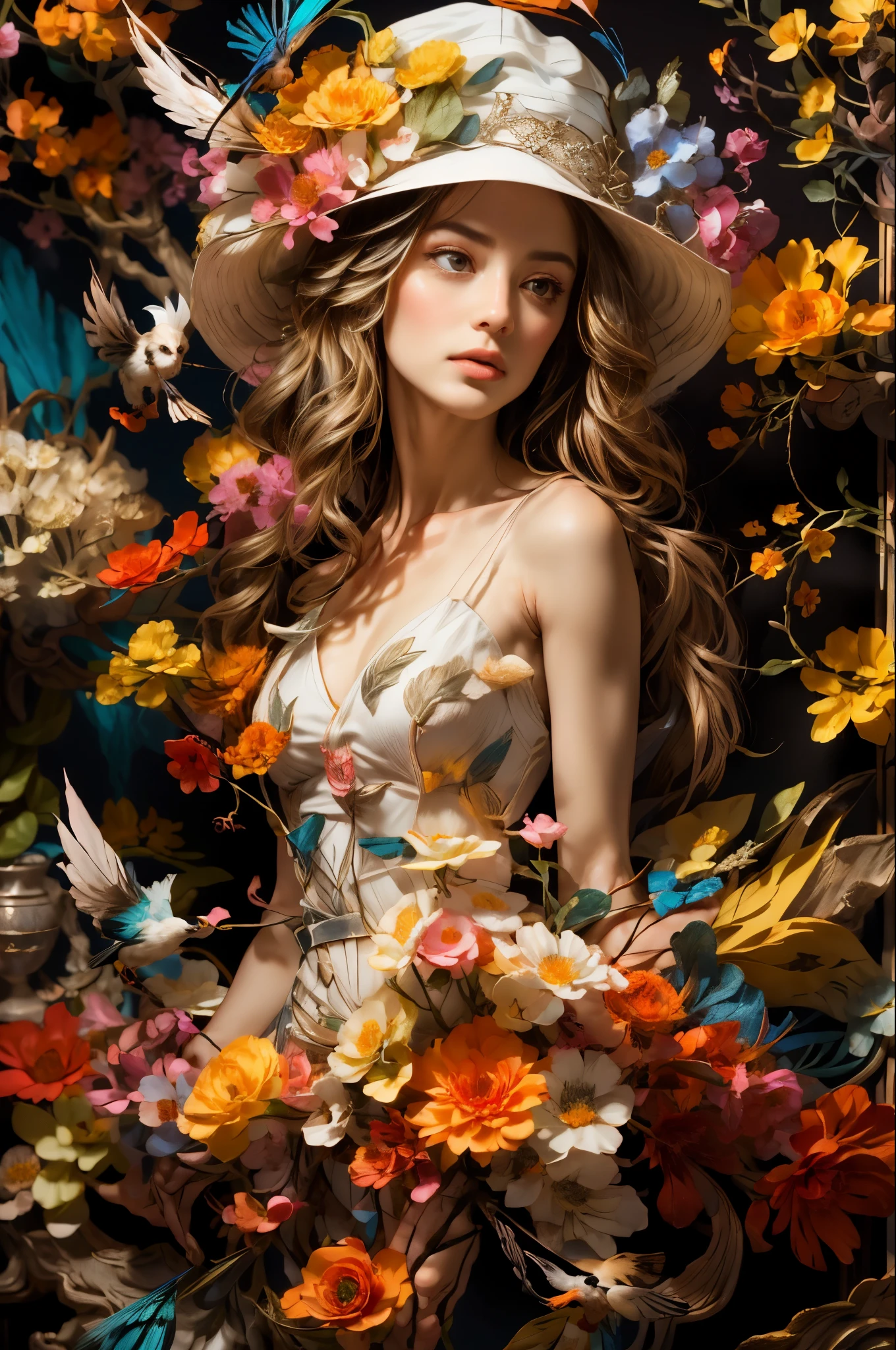 1girl,(full body:1.4),dolichoscelia,bare foot,solo,hat flower,
cinematic lighting,strong contrast,romantic realism style,high level of detail,(dreamlike scenes),Rose,Yellow flower,Red flower,The bird,unit,Make up,jewel,Headwear,dress,bare shoulders,