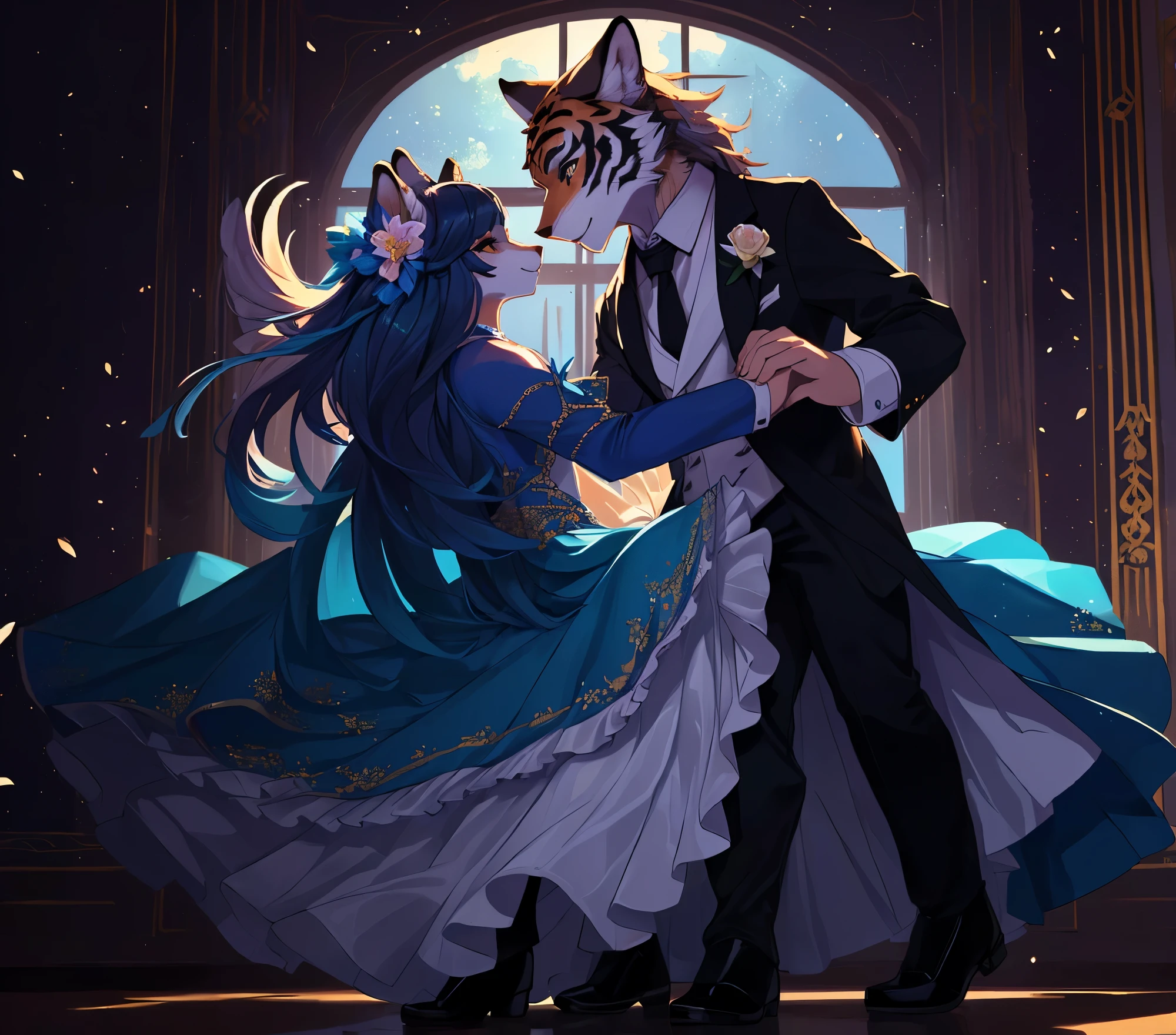 hay un dibujo de una pareja bailando juntos en un cuarto oscuro, flores, romance, furros, vestidos de traje, tigresa y lobo, bailando, bailando unos con otros, arte antro, very very beautiful arte peludo, Escena de baile, bailando con gracia, arte fursona, bailando elegantemente sobre ti, baile sensual, bailando en el fondo, arte peludo, in style of cytus and deemo, loish y wlop