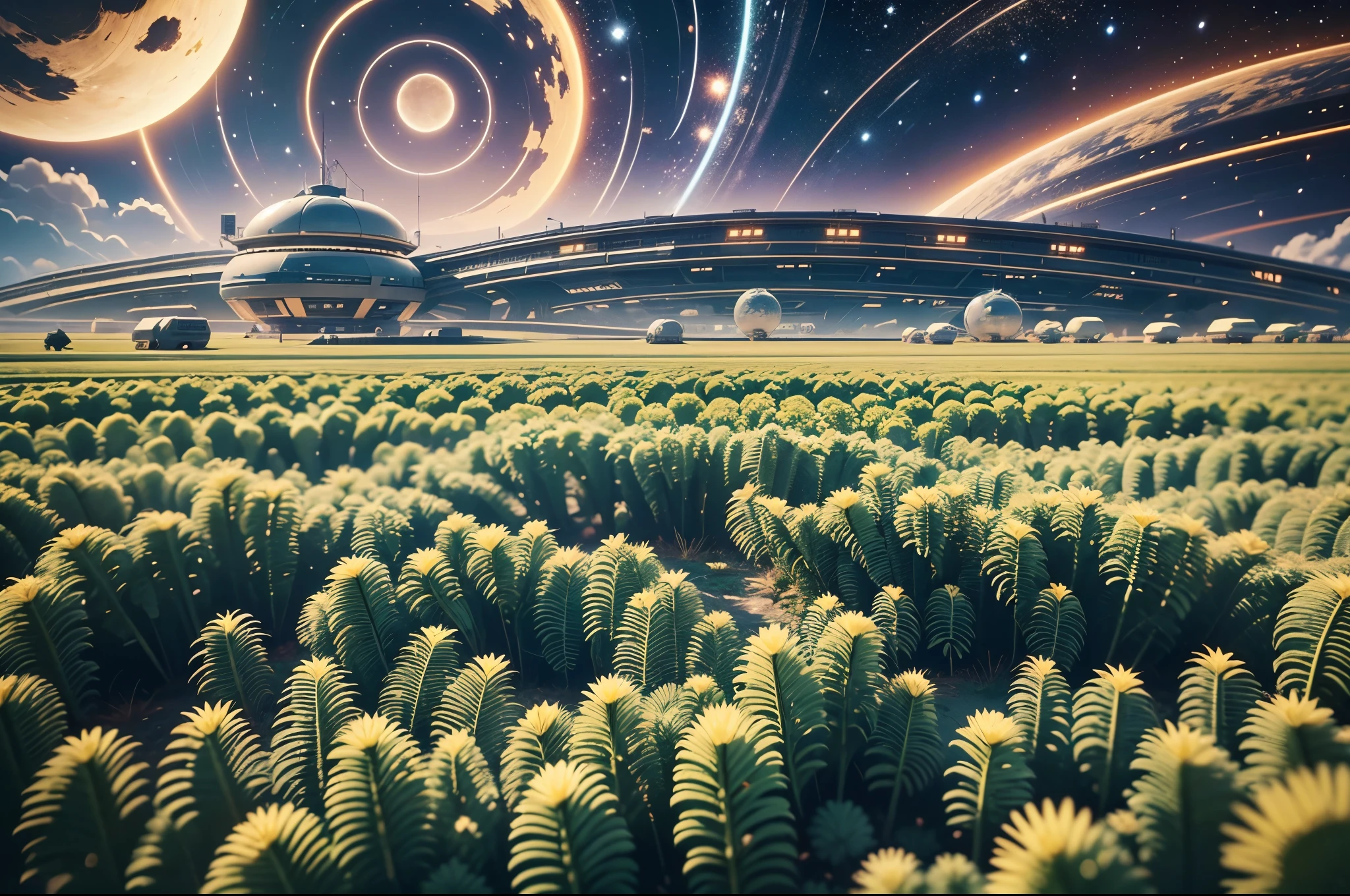 启动未来派水稻田与Space Station的创作模式，Incorporating elements from alien rice。first，Paint a deep space background，The stars are shining，The universe is boundless。in this magnificent universe，一座先进的Space Station静静地漂浮着，Its structure is complex and delicate，Reflecting the rays of the sun，Showing the brilliance of human technology。

Space Station下方，It is a rice field full of vitality and vitality。This rice field contrasts sharply with the space environment，Emerald green rice leaves and golden ears of rice sway in the sun，Like the green gem of the earth。in this rice field，A unique alien rice grows，Their shape is different from traditional rice，Taller、lush，Emits faint fluorescence。

To create a futuristic atmosphere，Can use avant-garde and abstract colors and lines，such as deep purples、Neon blue and fluorescent green, etc.。Space Station、Elements of alien rice and rice fields can echo each other，Form unique visuals。simultaneously，Pay attention to maintaining overall unity，The elements of space and rice fields are integrated into the picture.，Presenting a futuristic beauty。

In detail processing，You can add some science fiction elements，Such as advanced equipment of the space station、The mysterious texture of alien rice and more。simultaneously，It can also demonstrate the precise operation of intelligent robotic arms in rice fields.、UAV inspection and monitoring and other future agricultural scenarios。

at last，Optimization and adjustment through AI tools，使Space Station与未来派水稻田的场景更加生动和逼真。Such a design will show the perfect combination of future agriculture and space technology，and humankind’s exploration and expectation of extraterrestrial life，Filled with infinite reverie about the future。