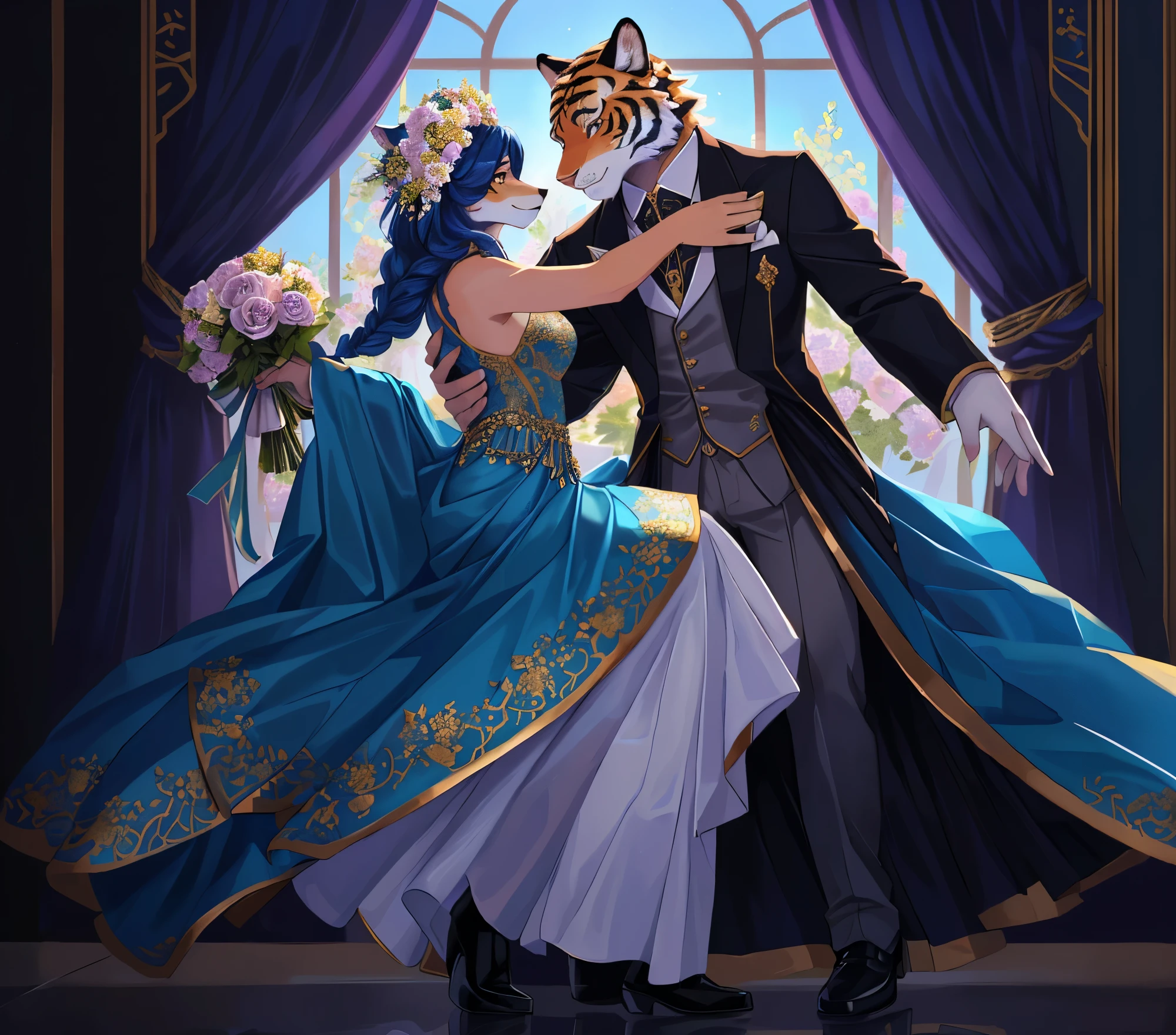 furry, art, furry tigrsa, vestido corto de baile, furry hombre lobo, traje elegante, fondo elegante de flores, ventanal, cuerpo completo