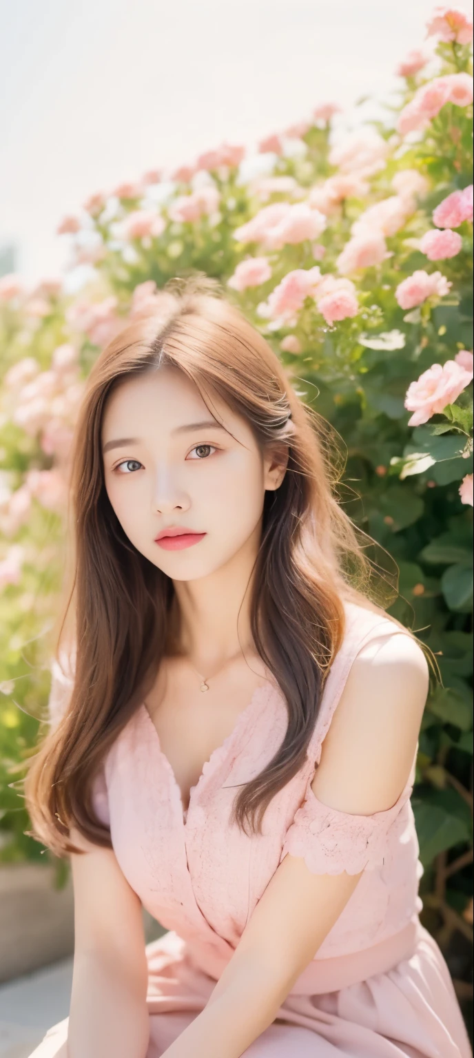 18-year-old girl,Beautiful looks,bouquet of flowers,dream,Sit on your knees,pink tone