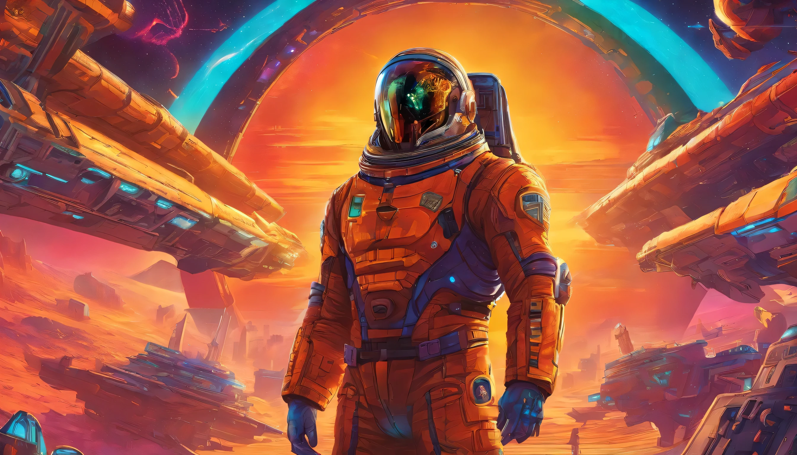 A captain commanding a spaceship, with severe and sharp features, Queixo angular, coated in high resolution, uniforme de astronauta ultra-detalhado. Seus cabelos escuros, bem cortado, shines under cinematic lighting, launching for a long time, sombras intrincadas sobre seu forte, rosto angular. Seu piercing, intense gaze directs the attention of your entire crew, as he expertly maneuvers the colossal spacecraft through treacherous galaxies and unfathomable depths of space. Seu uniforme, adorned with golden details and insignia, radiates a sense of authority and power. The background is broad, Vista deslumbrante do cosmos, full of vibration