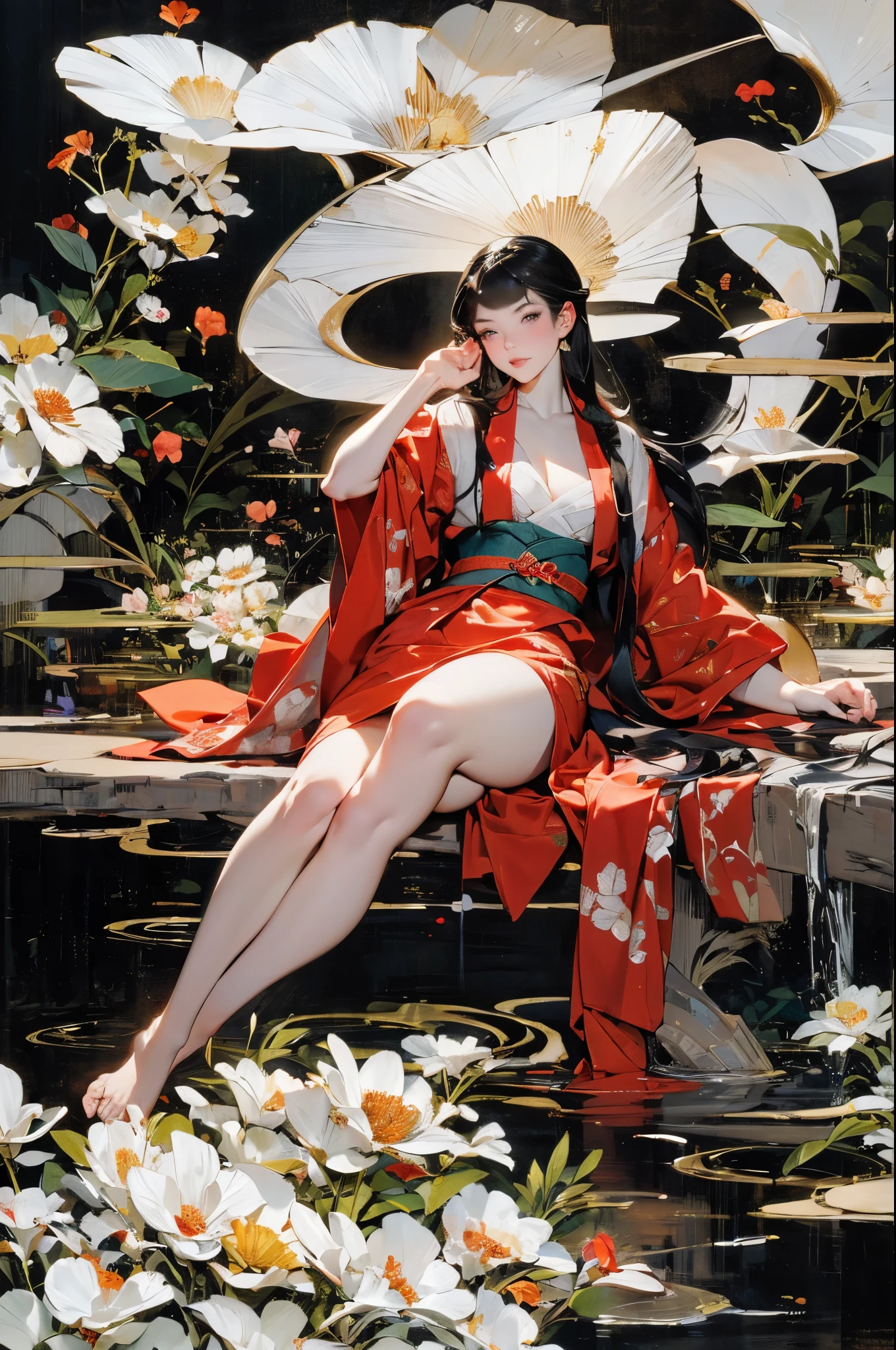 Umalinda warrior sexy, pretty face, Delicious Company, Alluring figure, Wearing a sexy open kimono. The artwork is created in a medium reminiscent of Japanese ink paintings....., 具有大胆的笔触和Monochromatic color palette. artist'Masterful technique reveals the intensity and power of the image'sense of presence,with the highest quality, Perfectly capture every detail with ultra-high resolution. Textures and intricate patterns on kimonos are rendered with extreme precision. Lighting is carefully designed,Enhance drama, Features deep shadows and subtle highlights. General, The artwork exudes elegance and power, Combining traditional Japanese aesthetics with a modern feel. Monochromatic color palette, Combine details, Create captivating and immersive experiences for your audience.