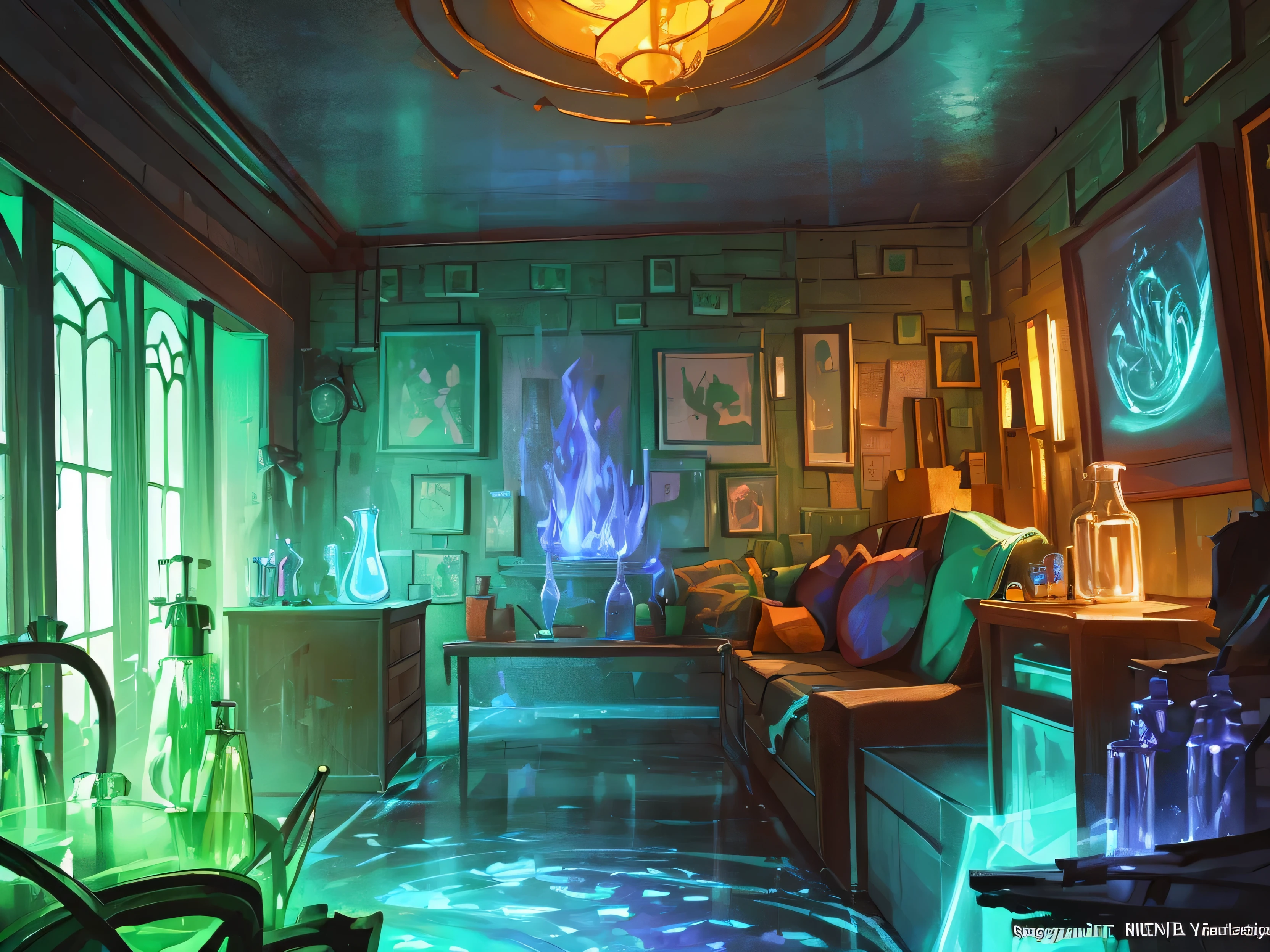 (Masterpiece, top quality, Best quality,Official art, beautiful and aesthetically pleasing:1.2), Cozy living room in the wooden village house of an elven herbalist, filled with unknown plants, colored glass, leading lines, light transmission BREAK bright colors, contrasting brown and light green warm palette, Lighting effects, magic, fantasy, elf theme, cabinet with potion flasks, Large central window overlooks the beautiful garden., filled with sunny contrasting color