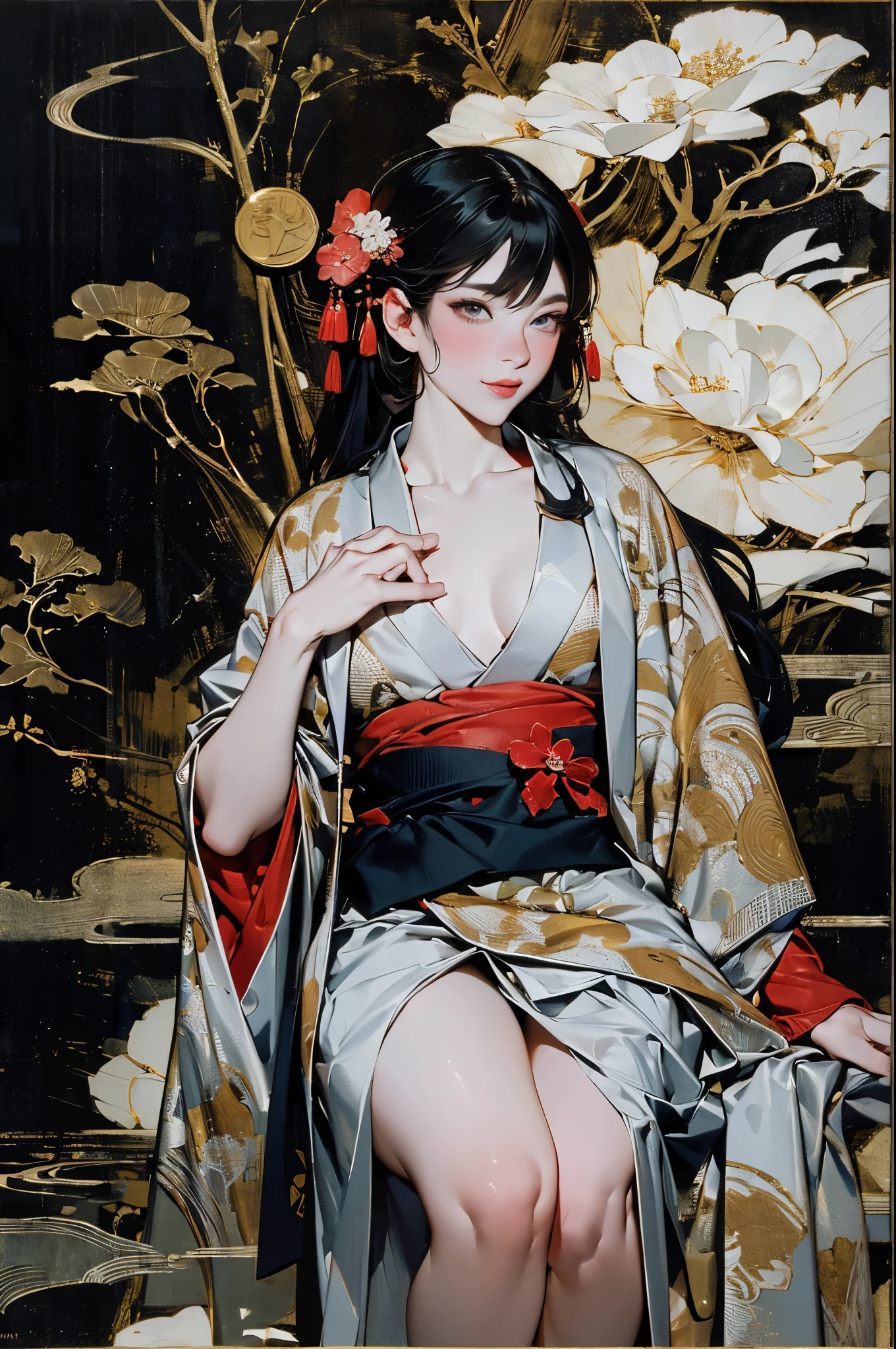 Umalinda warrior sexy, pretty face, Delicious Company, Alluring figure, Wearing a sexy open kimono. The artwork is created in a medium reminiscent of Japanese ink paintings....., 具有大胆的笔触和Monochromatic color palette. artist'Masterful technique reveals the intensity and power of the image'sense of presence,with the highest quality, Perfectly capture every detail with ultra-high resolution. Textures and intricate patterns on kimonos are rendered with extreme precision. Lighting is carefully designed,Enhance drama, Features deep shadows and subtle highlights. General, The artwork exudes elegance and power, Combining traditional Japanese aesthetics with a modern feel. Monochromatic color palette, Combine details, Create captivating and immersive experiences for your audience.