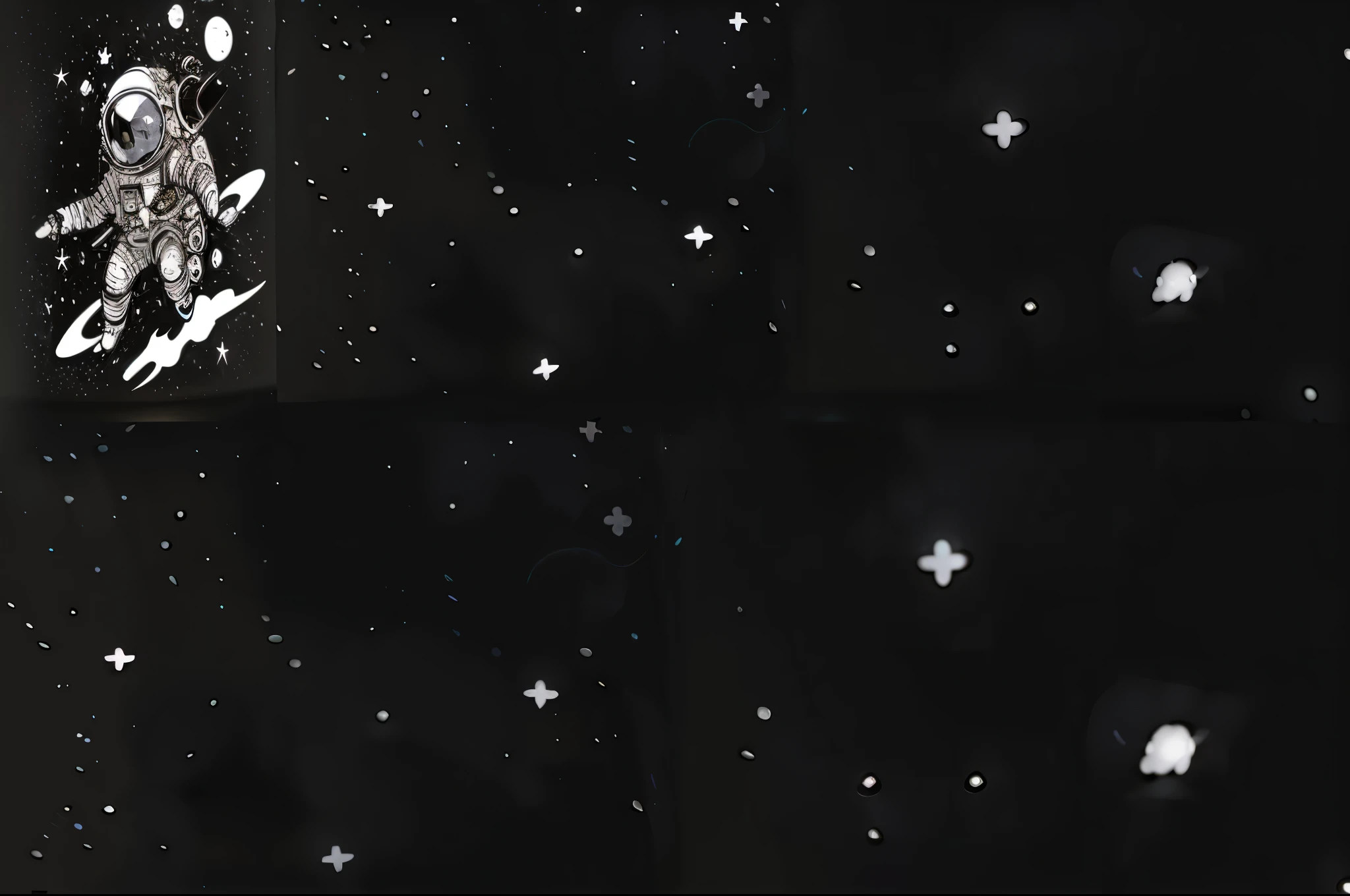 there is a black and white photo of an astronaut in the sky, estrelas no fundo, dark and estrelas no fundo, estrelas no fundo, black sky com estrelas, in a starry space, campo estelar ao fundo, com estrelas, black background com estrelas, white estrelas no fundo, Background space, Night sky; 8K, sparse floating particles