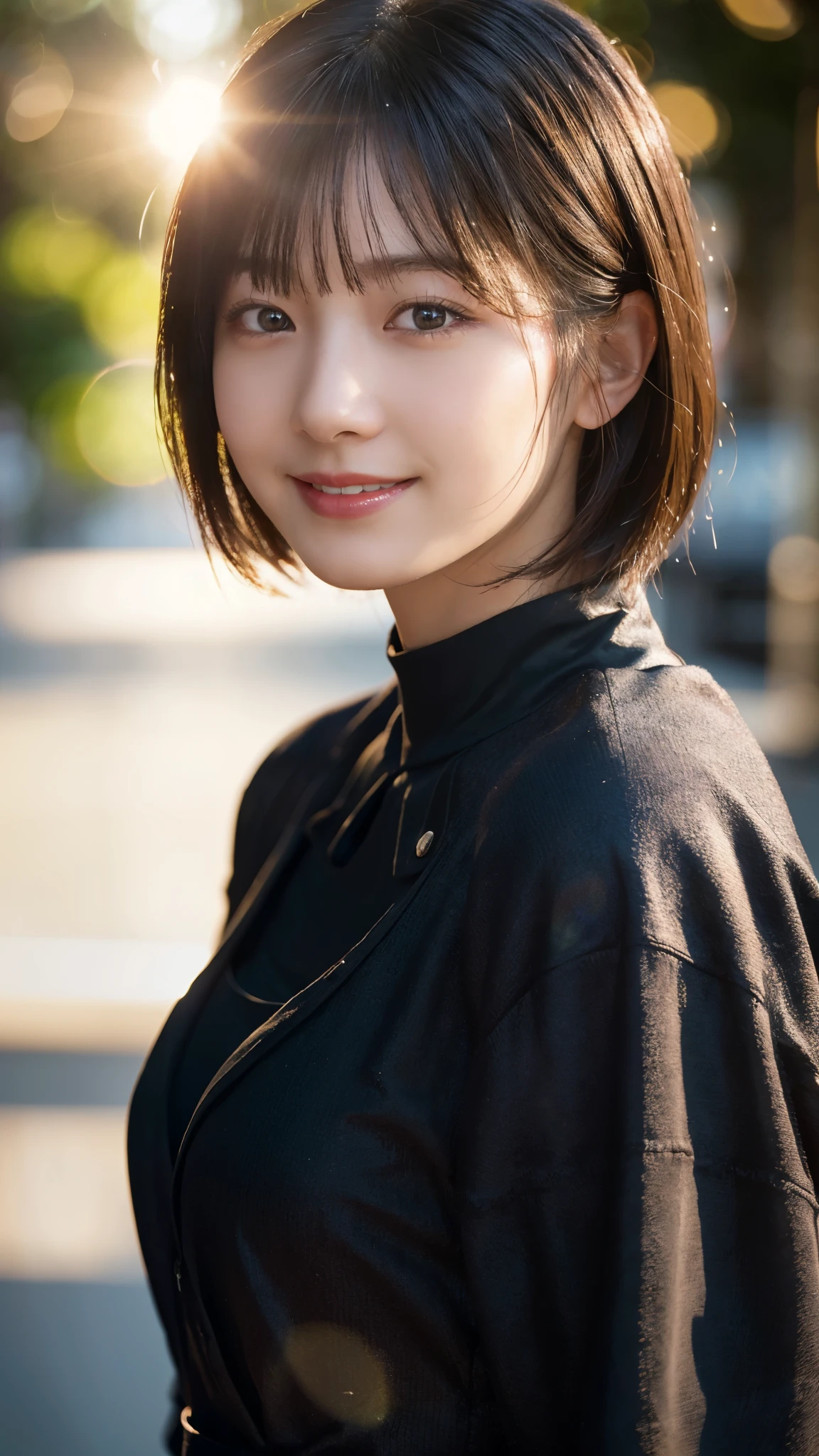 (highest quality,masterpiece:1.3,ultra high resolution),(Super detailed,caustics,8k),(photorealistic:1.4,RAW shooting),1 girl,(look at the camera with a smile),20-year-old,cute,Japanese,black hair short cut,long sleeve blouse,big ,bust up shot,street,face focus,sunshine,Natural light,(Backlight),(A bright light shines from behind),(Lens flare),professional writing,(low position:1.1),(Low - Angle:1.1)