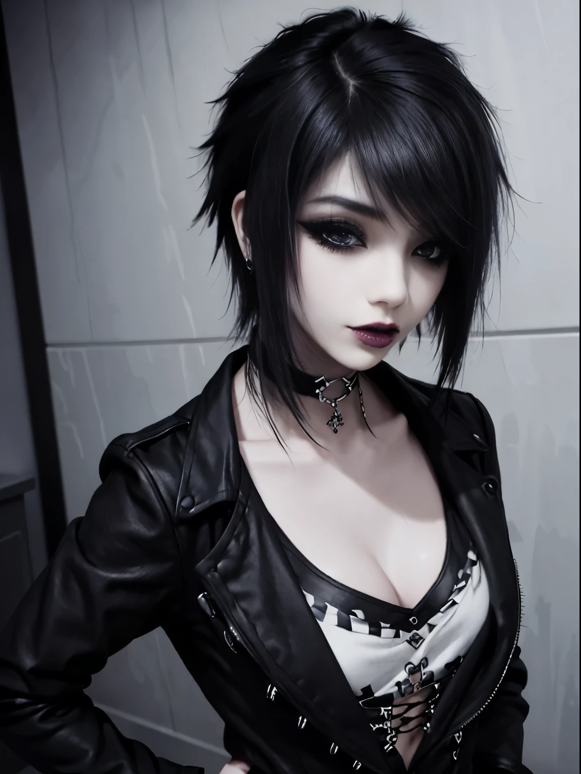 1girl, woman, emo_hairstyle, black lipstick, hands on hip, big choker, eyeliner, eye shadow, mascara, smoky eyes, black lips, bedroom, natural lighting, perfect face, emo