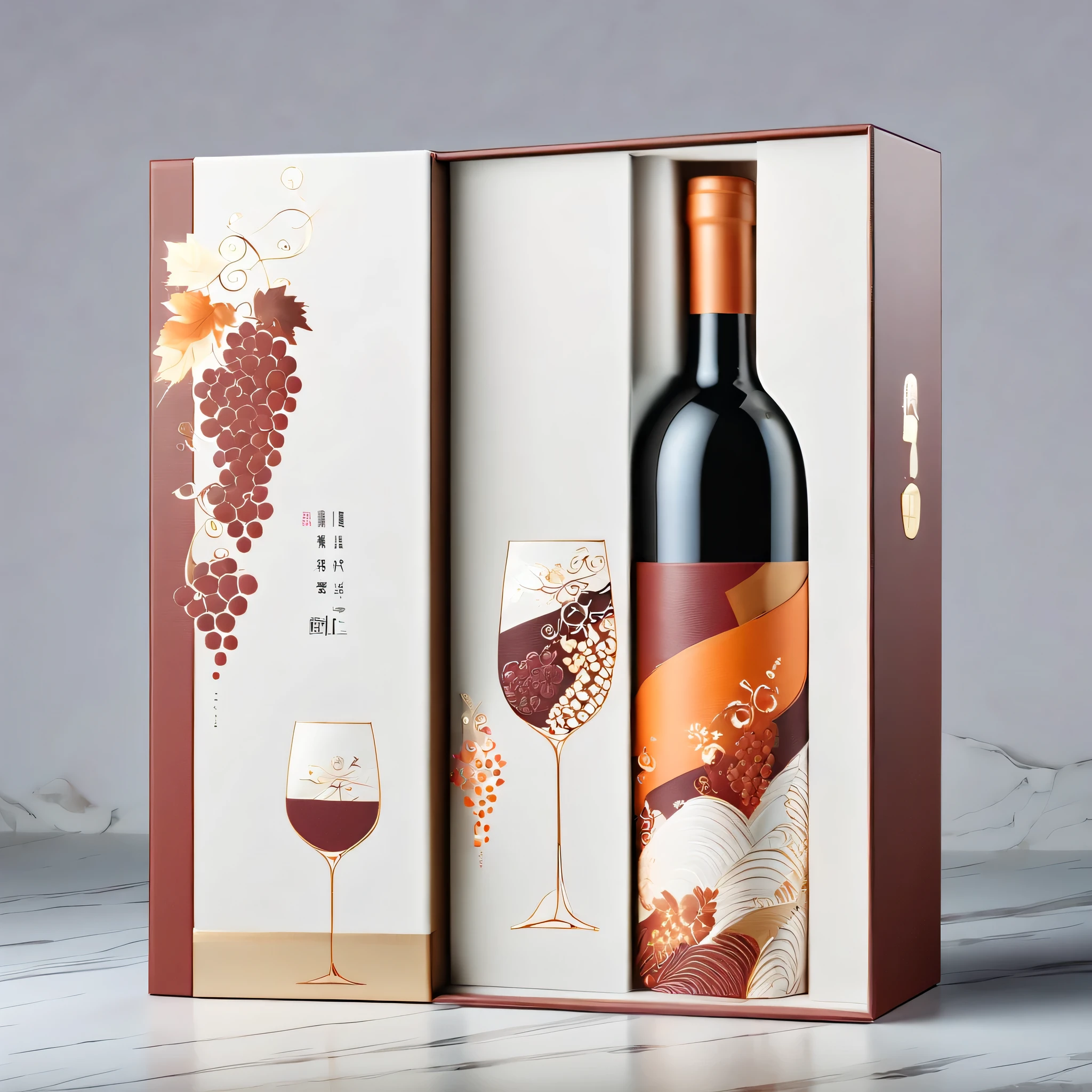 renderings，three dimensional，wine gift box，奢华设计的意大利葡萄wine gift box包装，Packaging modern，Using Italian modern fashion elements。colorful，mixed with white，orange color，Red，the box is structuRed to hold a bottle of fine wine，The surface is decorated with intricate blue UV embossing，add a touch of elegance。The design also includes subtle patterns of grape vines and wine glasses to hint at the content，Blending modern Italian culture with a wine theme。Gorgeous overall appearance，Designed to attract those who appreciate the finer things in life，Making it the perfect gift for special occasions。