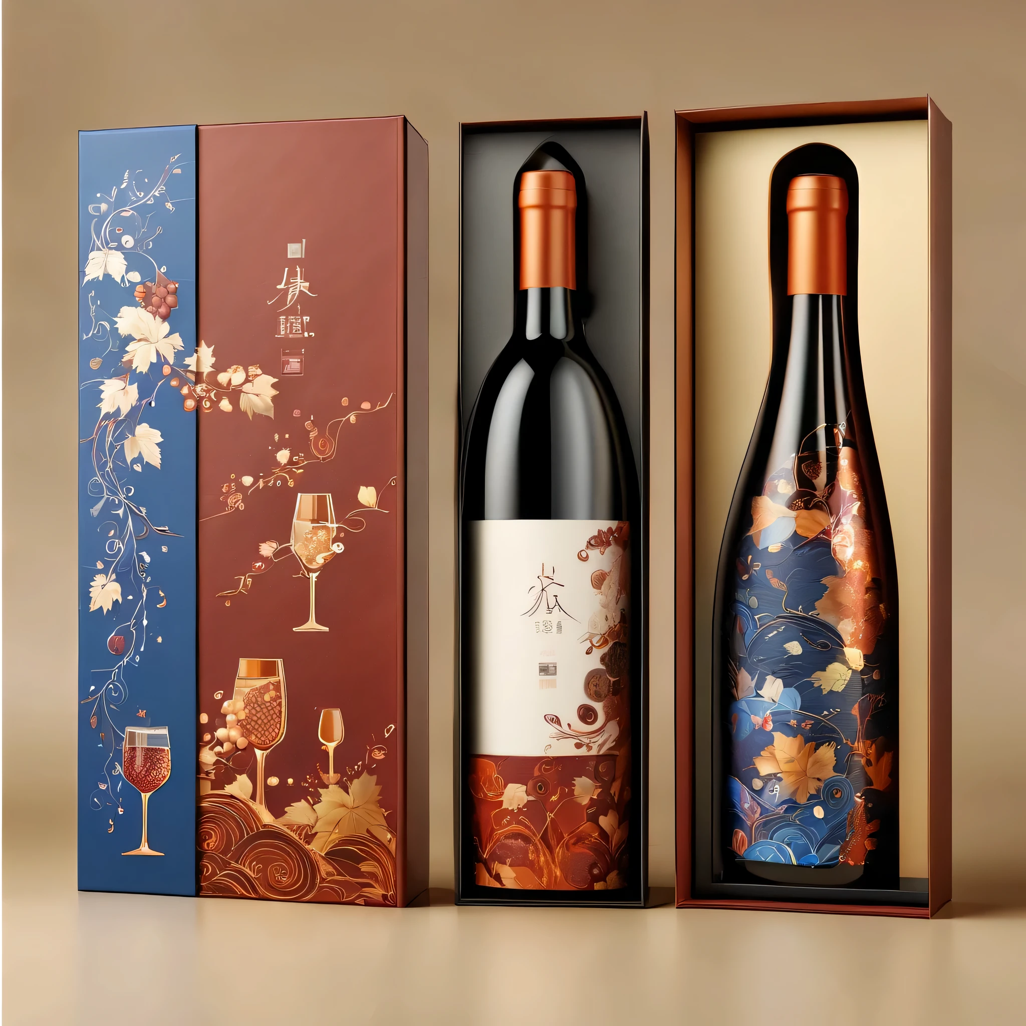 renderings，three dimensional，wine gift box，奢华设计的意大利葡萄wine gift box包装，Packaging modern，Using Italian modern fashion elements。colorful，mixed with white，orange color，Red，the box is structuRed to hold a bottle of fine wine，The surface is decorated with intricate blue UV embossing，add a touch of elegance。The design also includes subtle patterns of grape vines and wine glasses to hint at the content，Blending modern Italian culture with a wine theme。Gorgeous overall appearance，Designed to attract those who appreciate the finer things in life，Making it the perfect gift for special occasions。